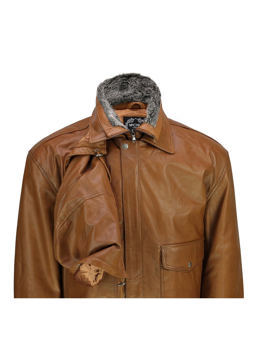 BOMBER FUR COLLAR LEATHER JACKET WITH HOOD IN TIMBER