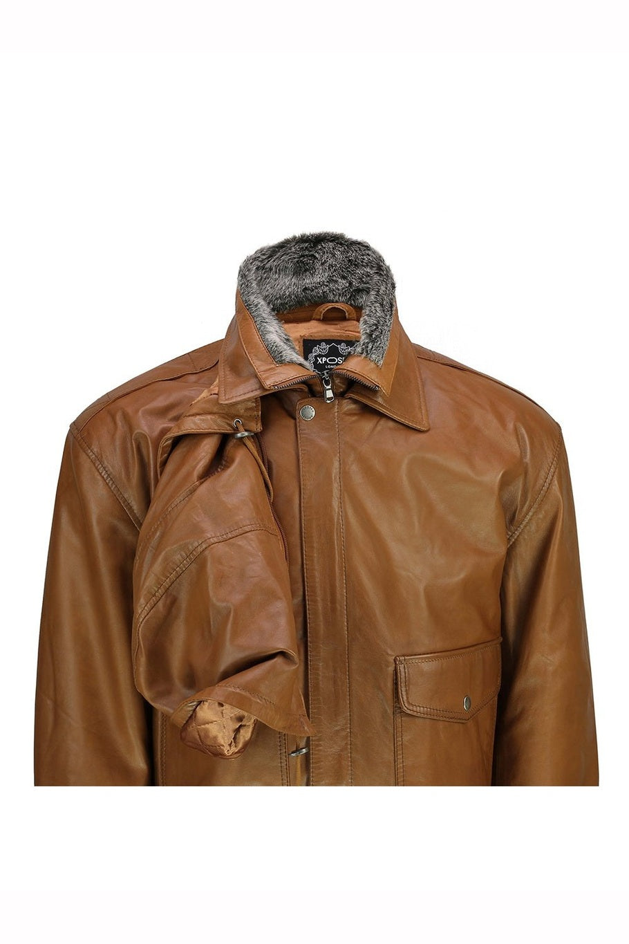 BOMBER FUR COLLAR LEATHER JACKET WITH HOOD IN TIMBER