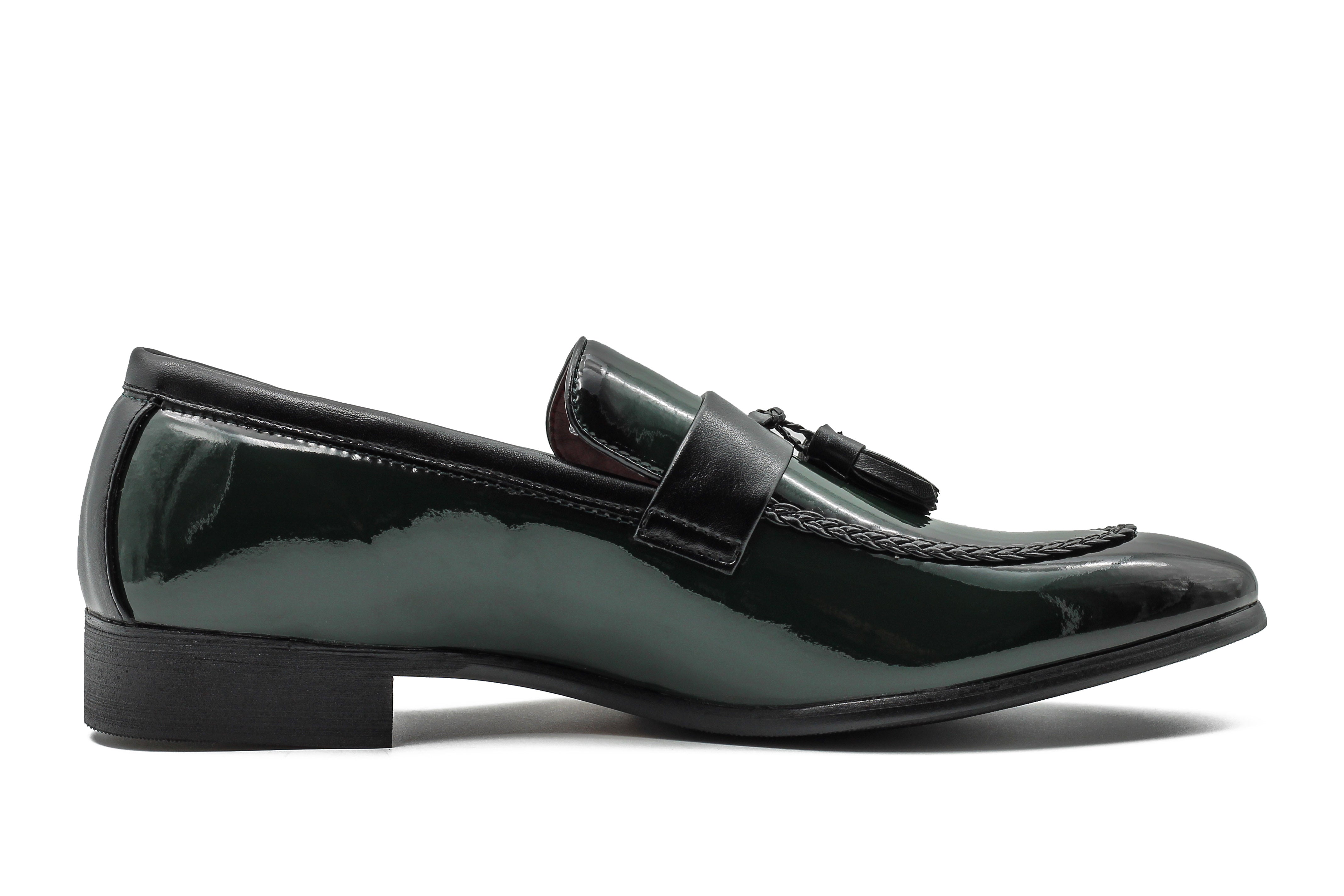 GREEN GLOSSY TASSEL LOAFERS