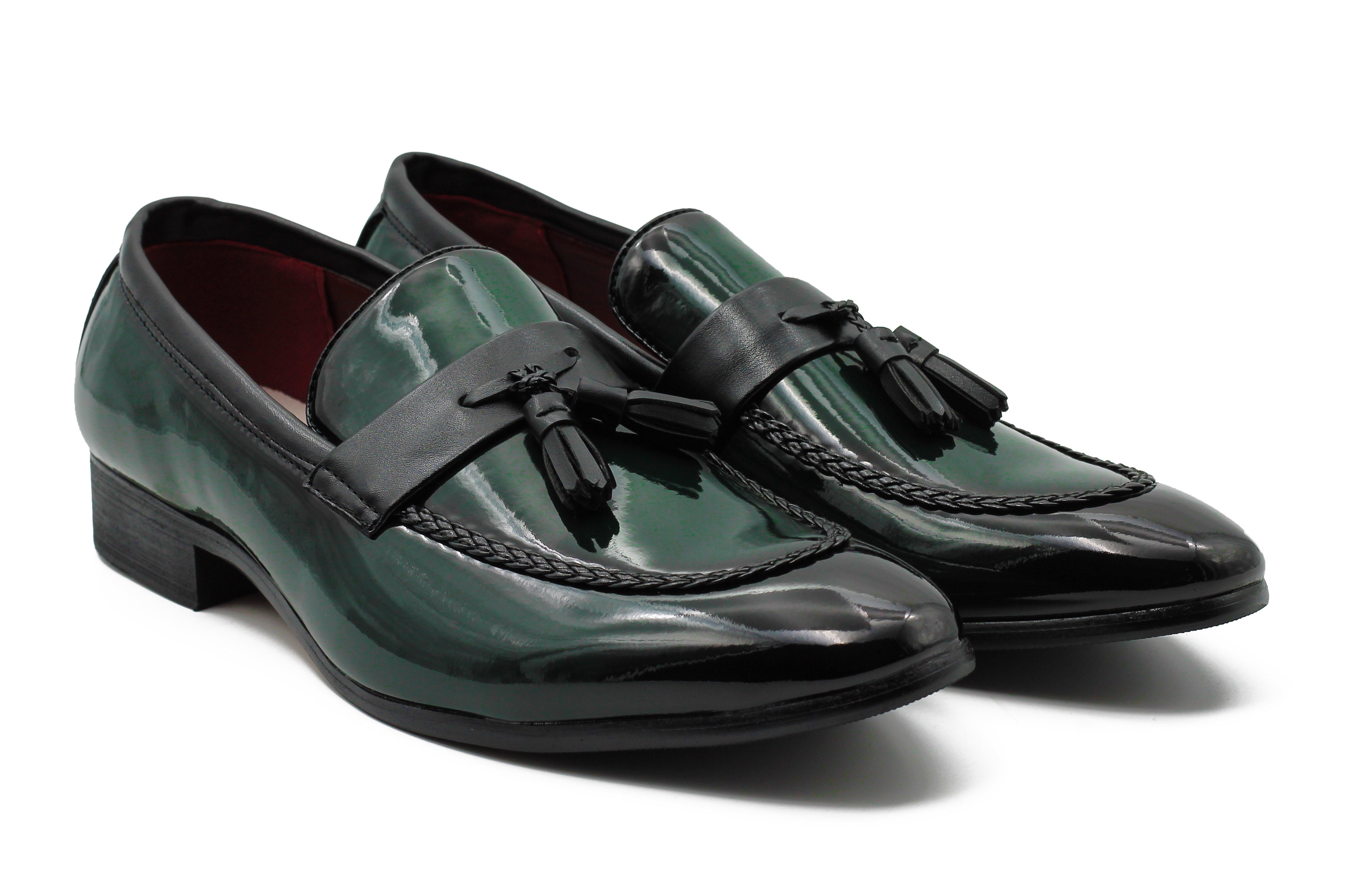 GREEN GLOSSY TASSEL LOAFERS