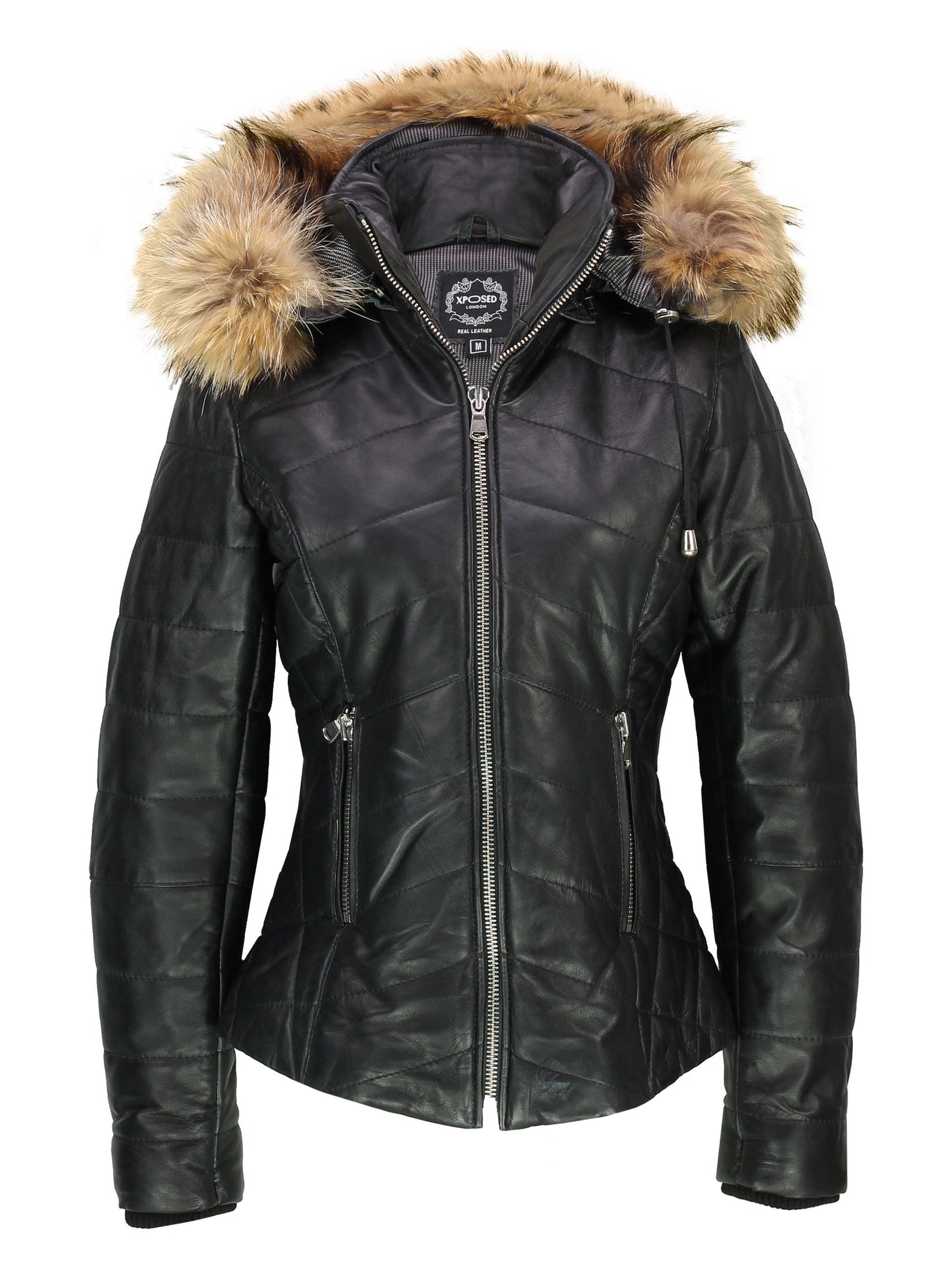 LADIES BLACK LEATHER JACKET WITH FUR HOOD