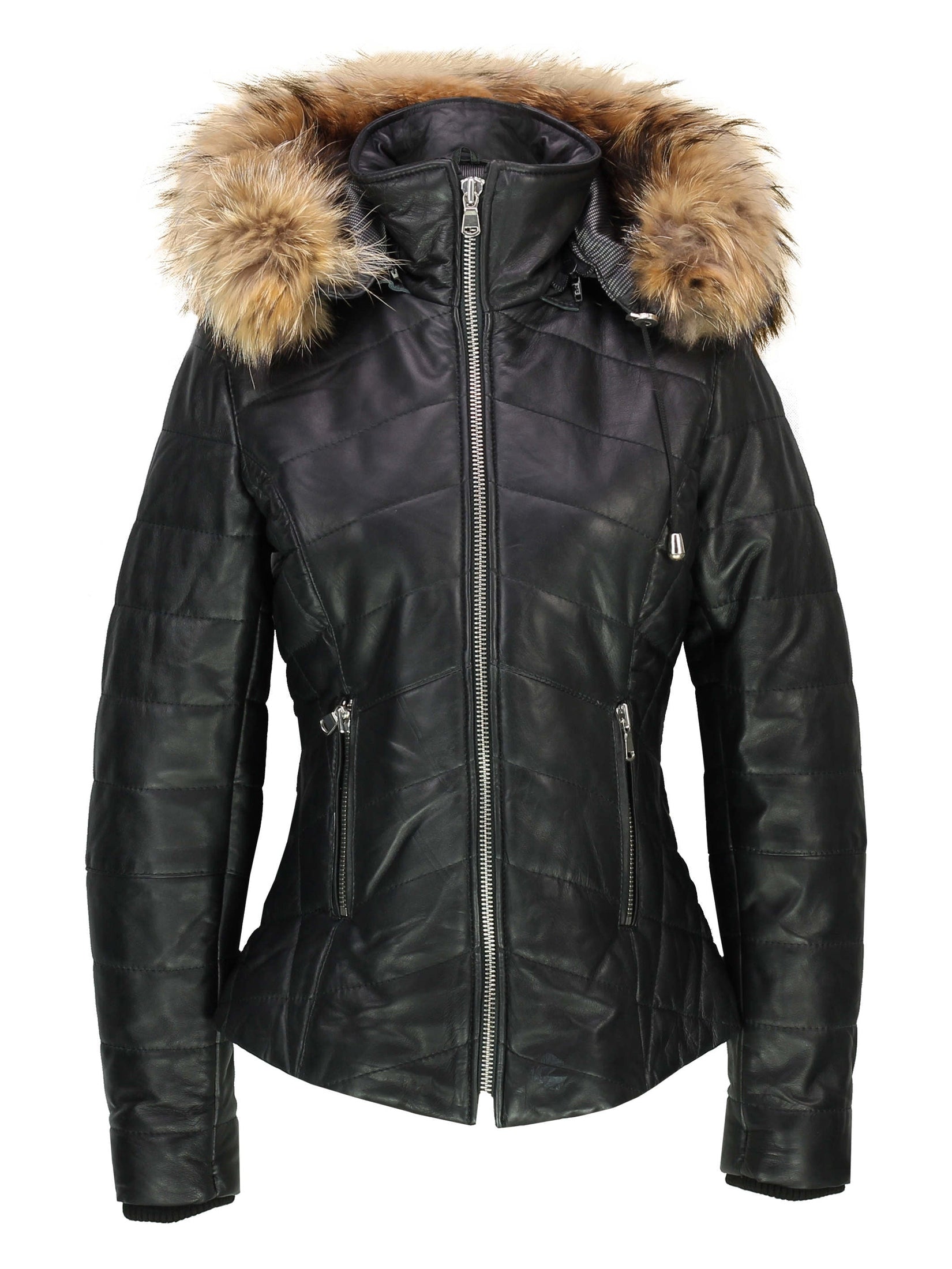 LADIES BLACK LEATHER JACKET WITH FUR HOOD