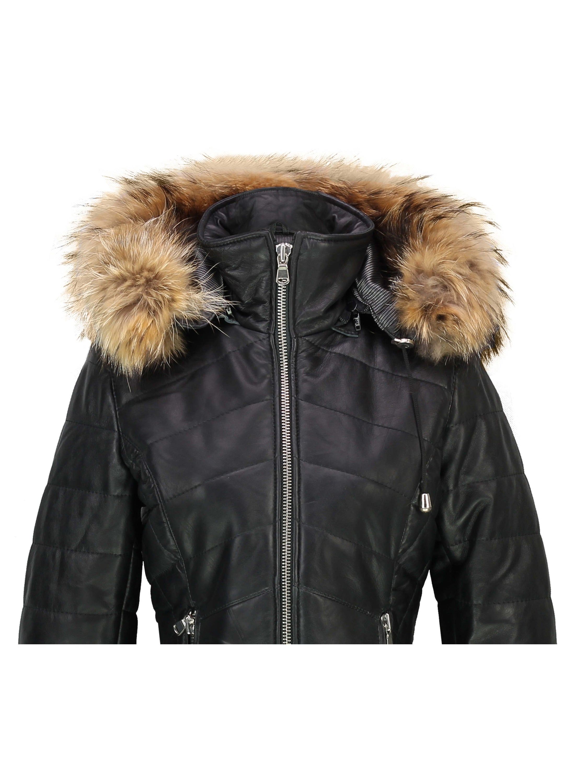 LADIES BLACK LEATHER JACKET WITH FUR HOOD