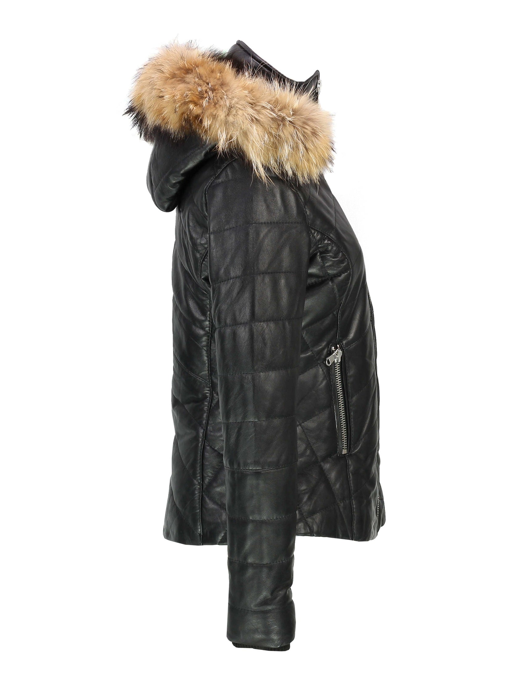 LADIES BLACK LEATHER JACKET WITH FUR HOOD