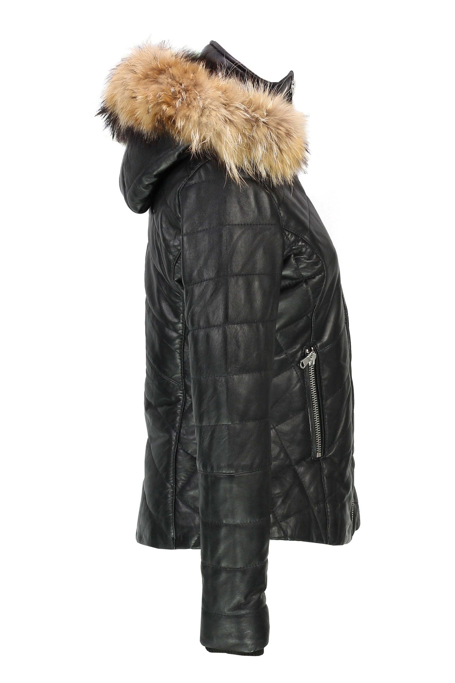 LADIES BLACK LEATHER JACKET WITH FUR HOOD
