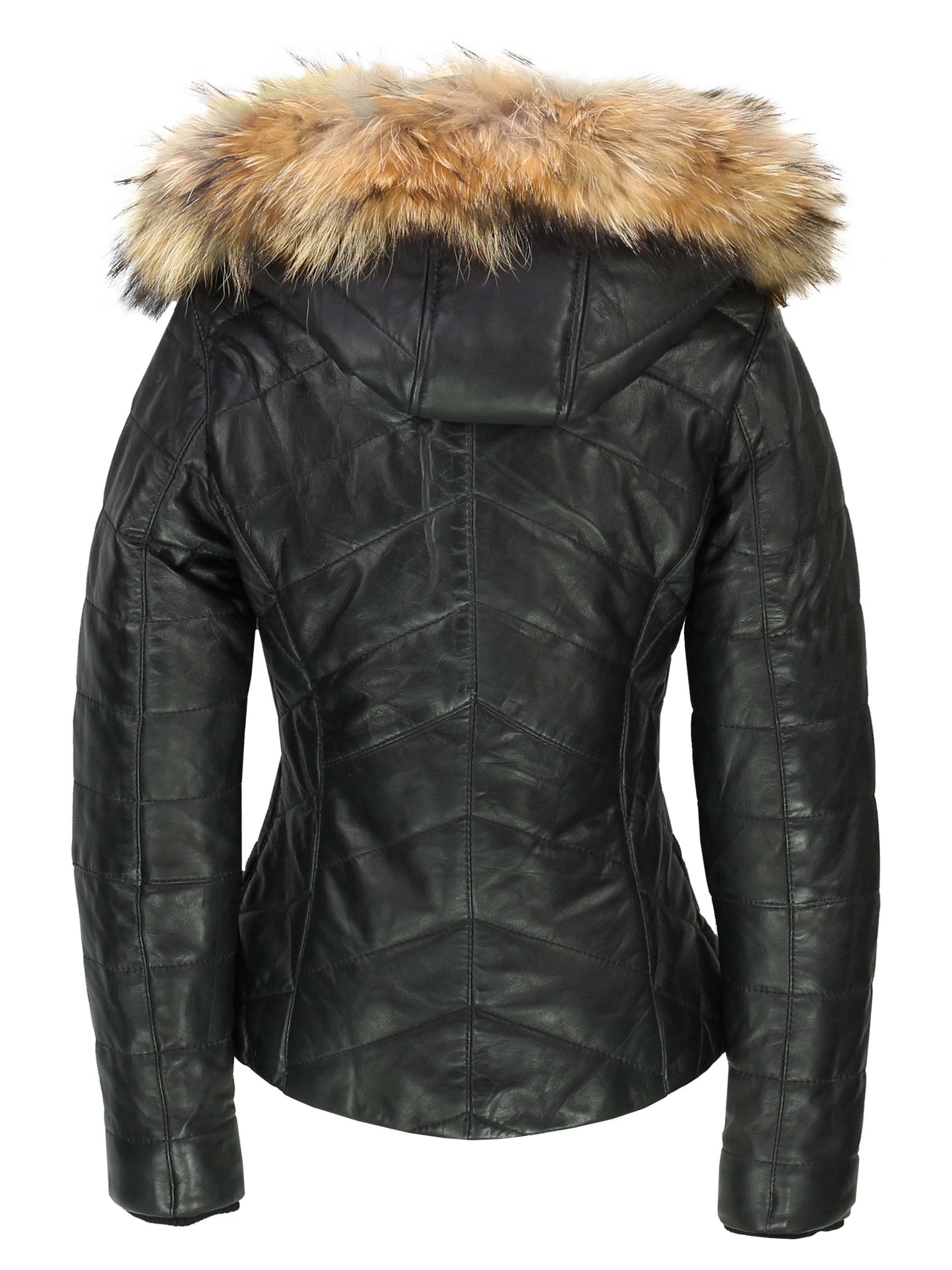 LADIES BLACK LEATHER JACKET WITH FUR HOOD
