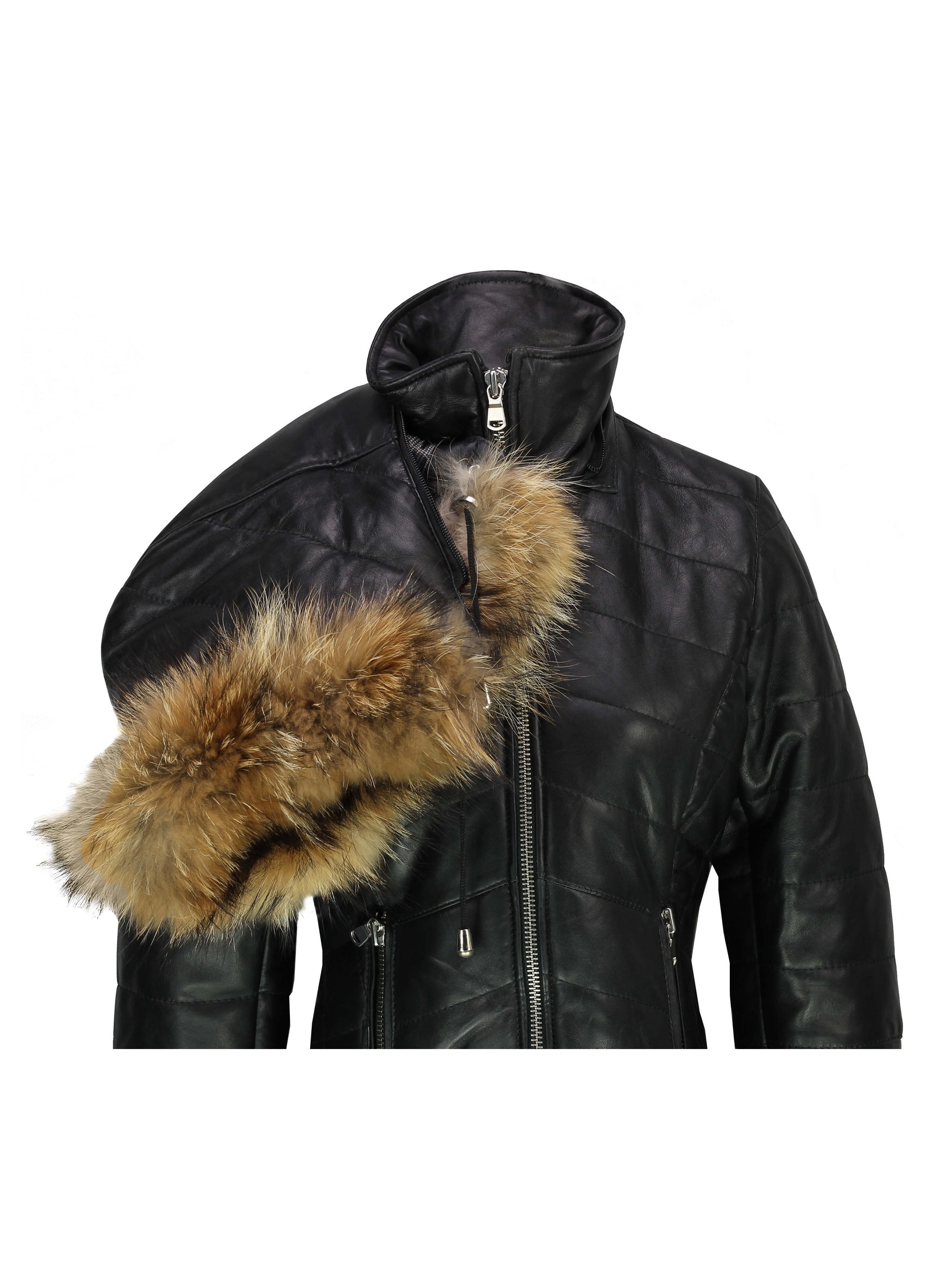 LADIES BLACK LEATHER JACKET WITH FUR HOOD