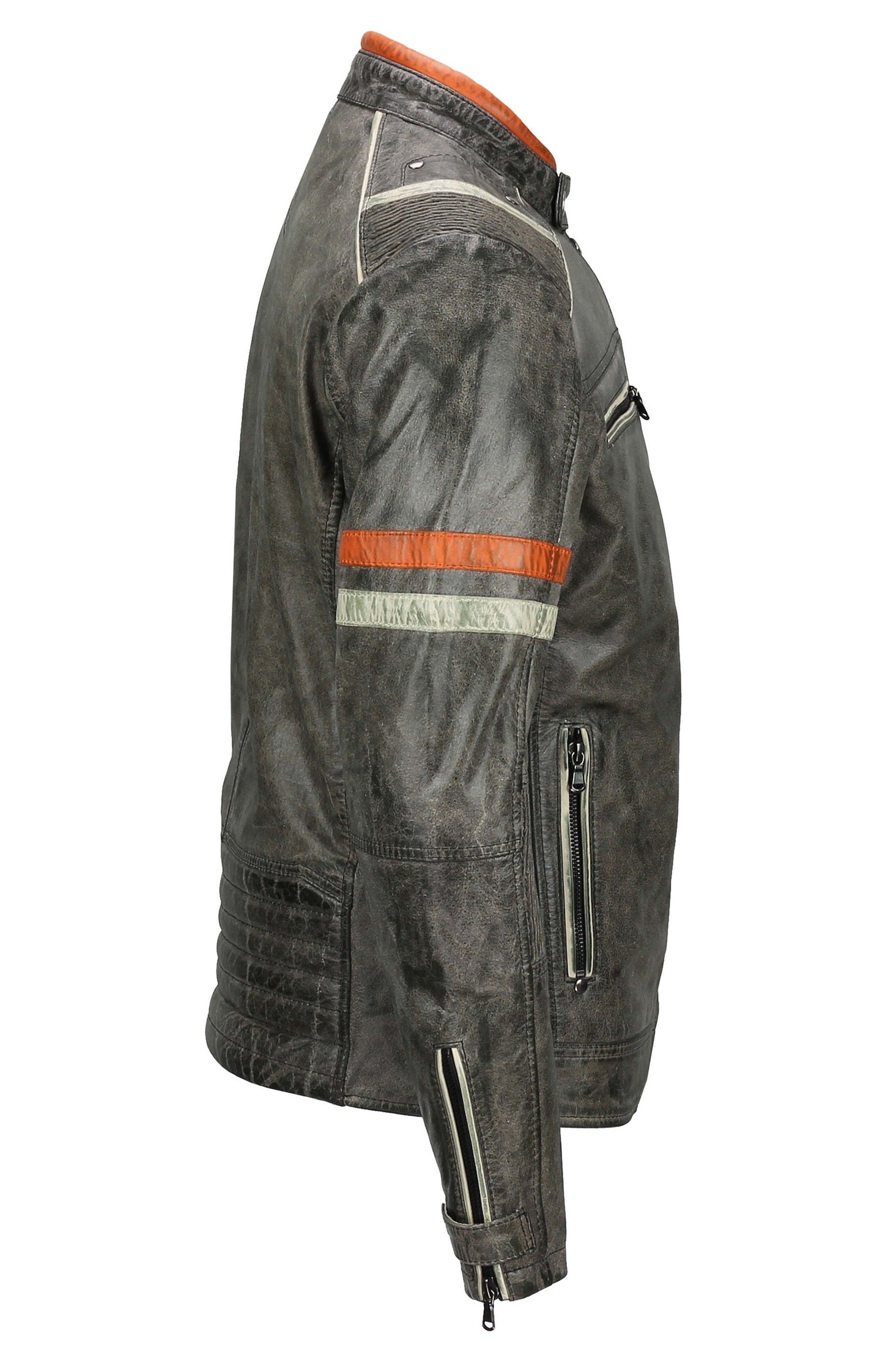 Men’s Real Leather Biker Jacket Vintage Grey Distressed Retro Motorcycle Style