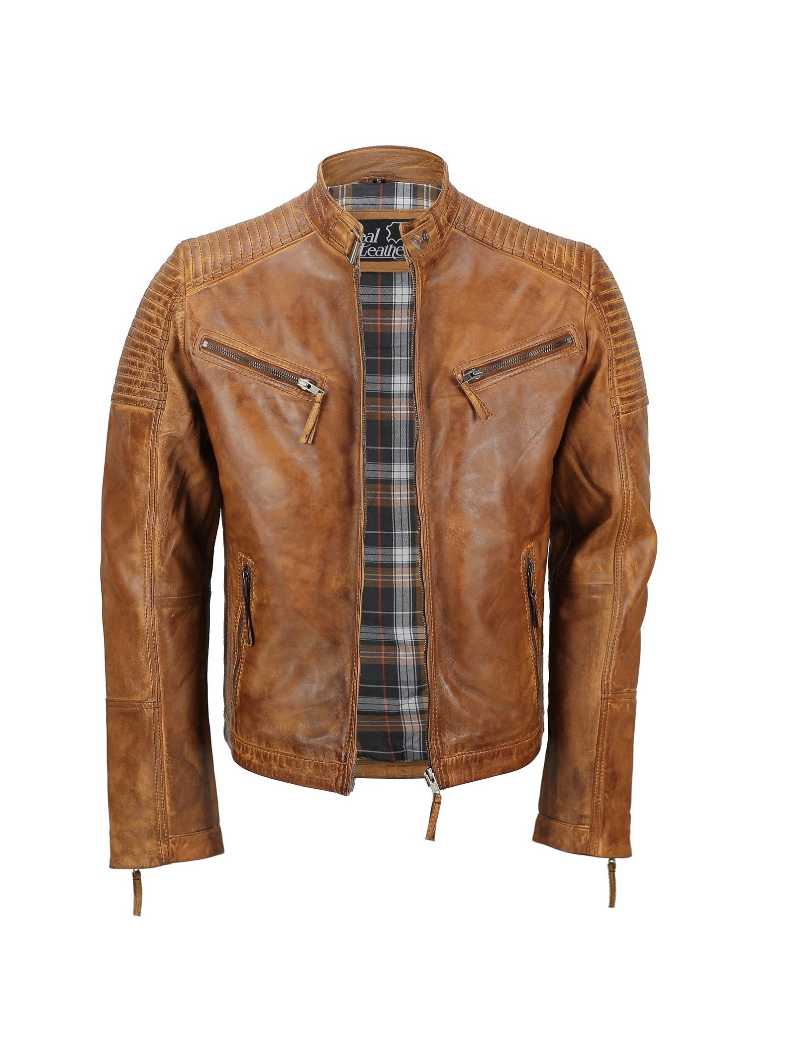 Mens Timber Tan Antique Washed Real Leather Vintage Biker Style Zipped Jacket