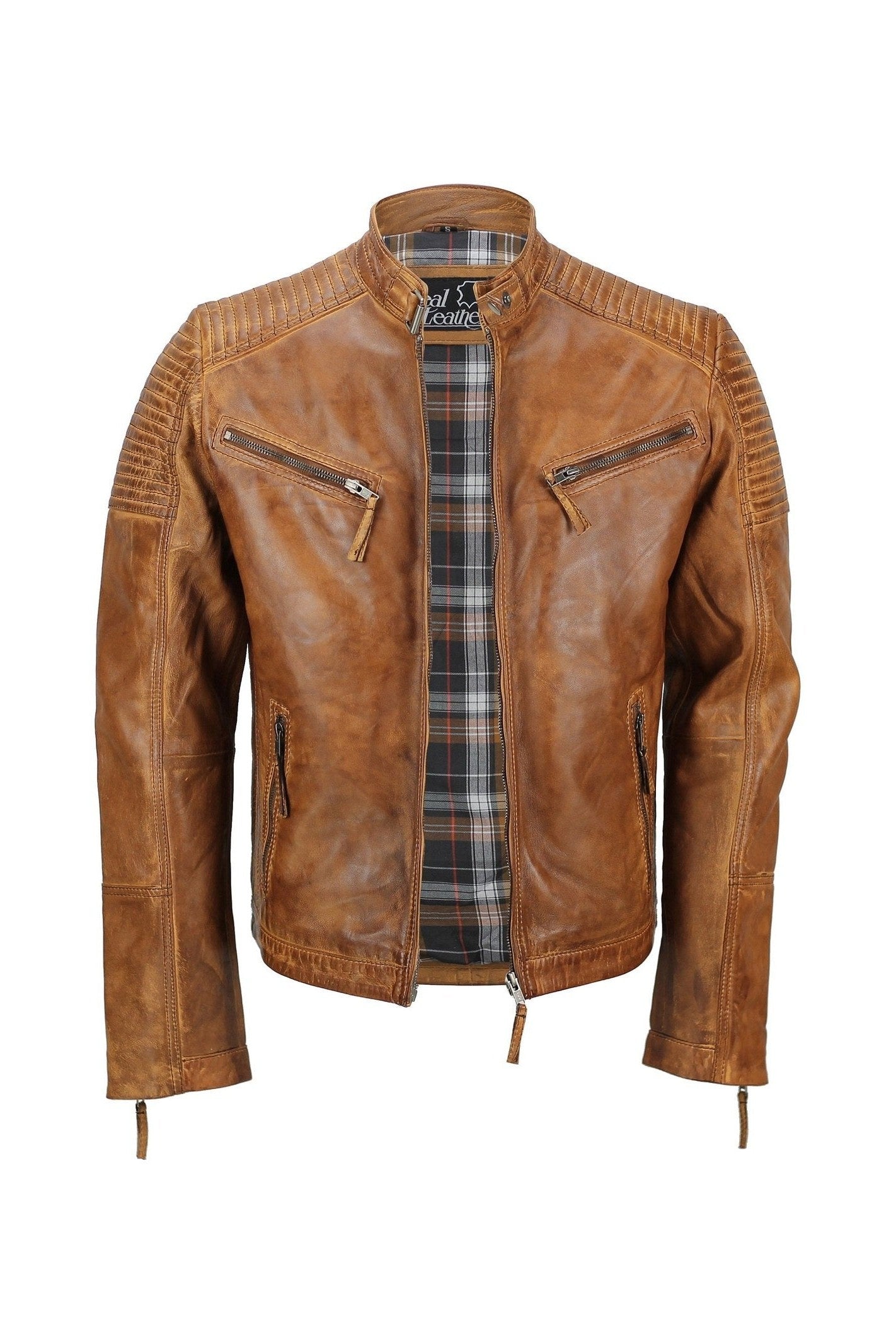 Mens Timber Tan Antique Washed Real Leather Vintage Biker Style Zipped Jacket