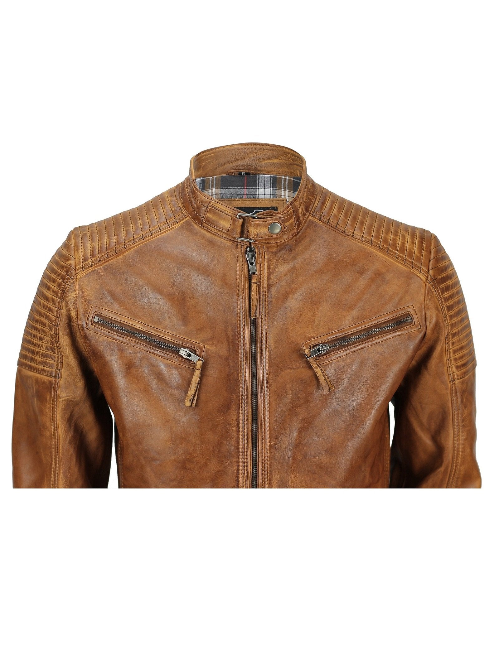 Mens Timber Tan Antique Washed Real Leather Vintage Biker Style Zipped Jacket