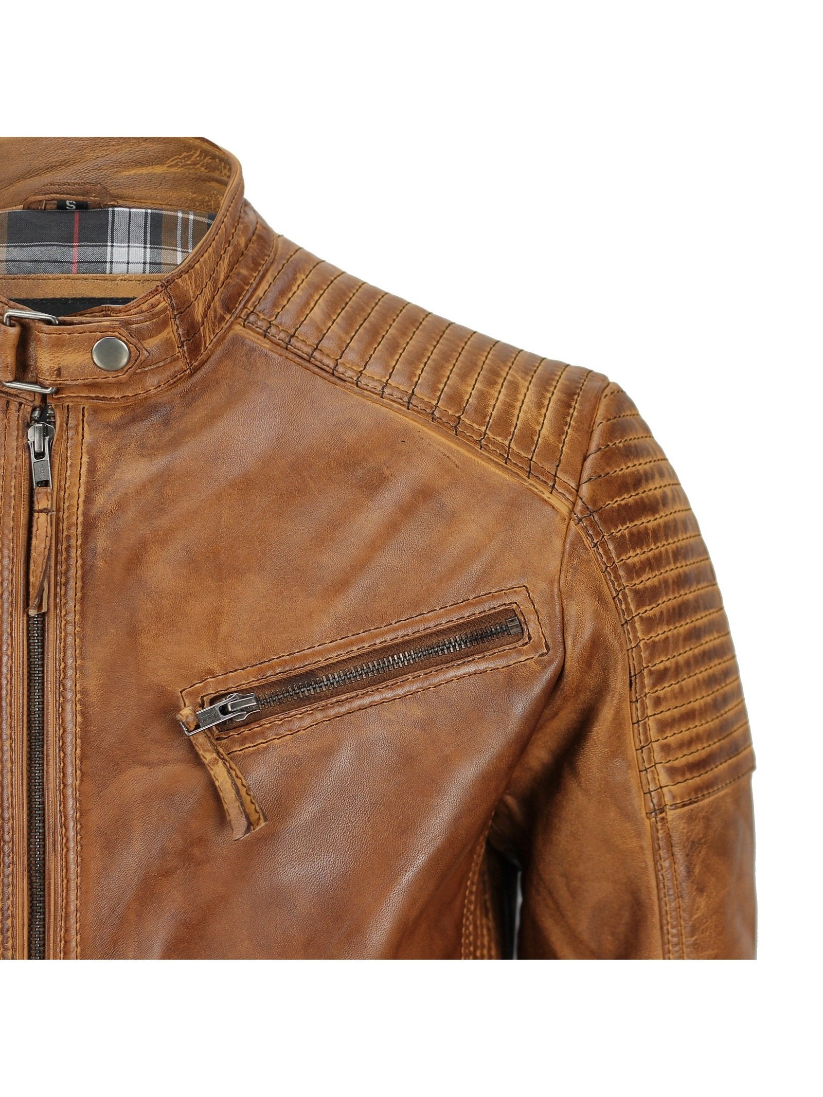 Mens Timber Tan Antique Washed Real Leather Vintage Biker Style Zipped Jacket