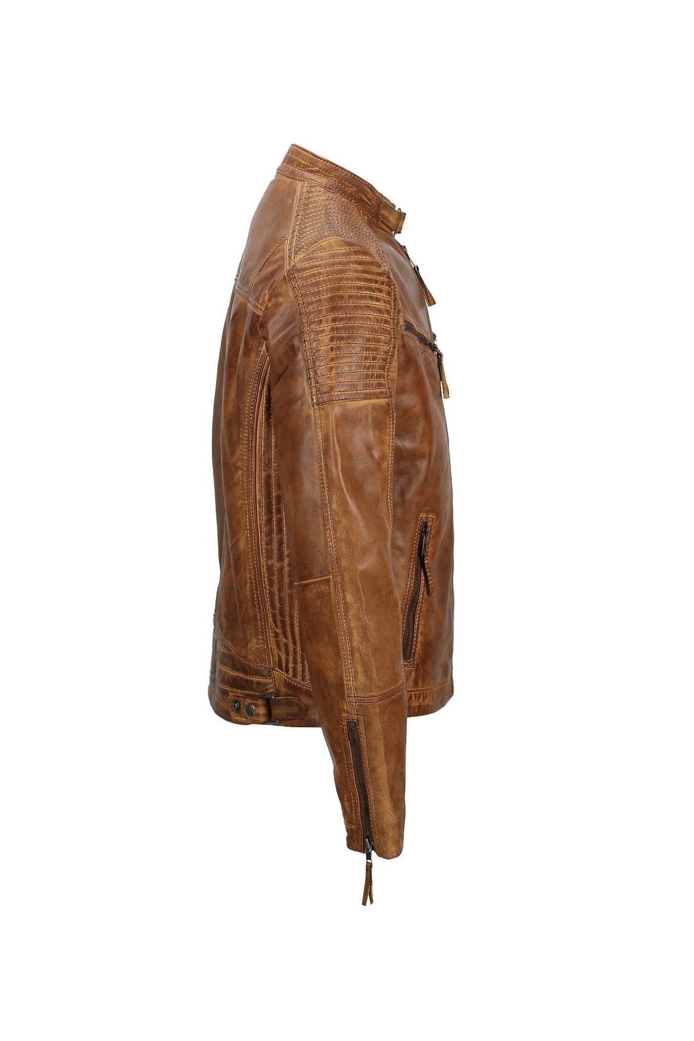 Mens Timber Tan Antique Washed Real Leather Vintage Biker Style Zipped Jacket