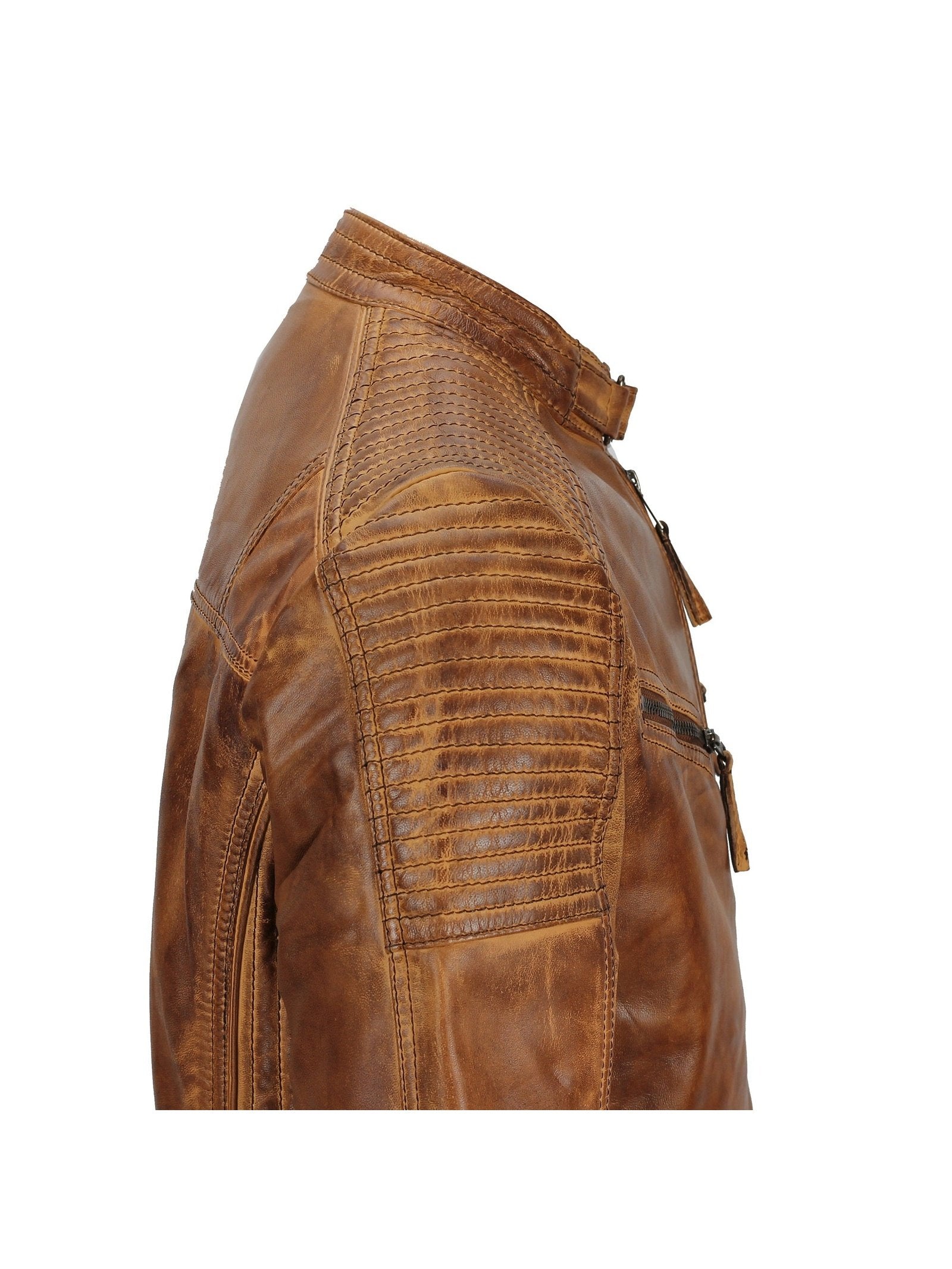 Mens Timber Tan Antique Washed Real Leather Vintage Biker Style Zipped Jacket
