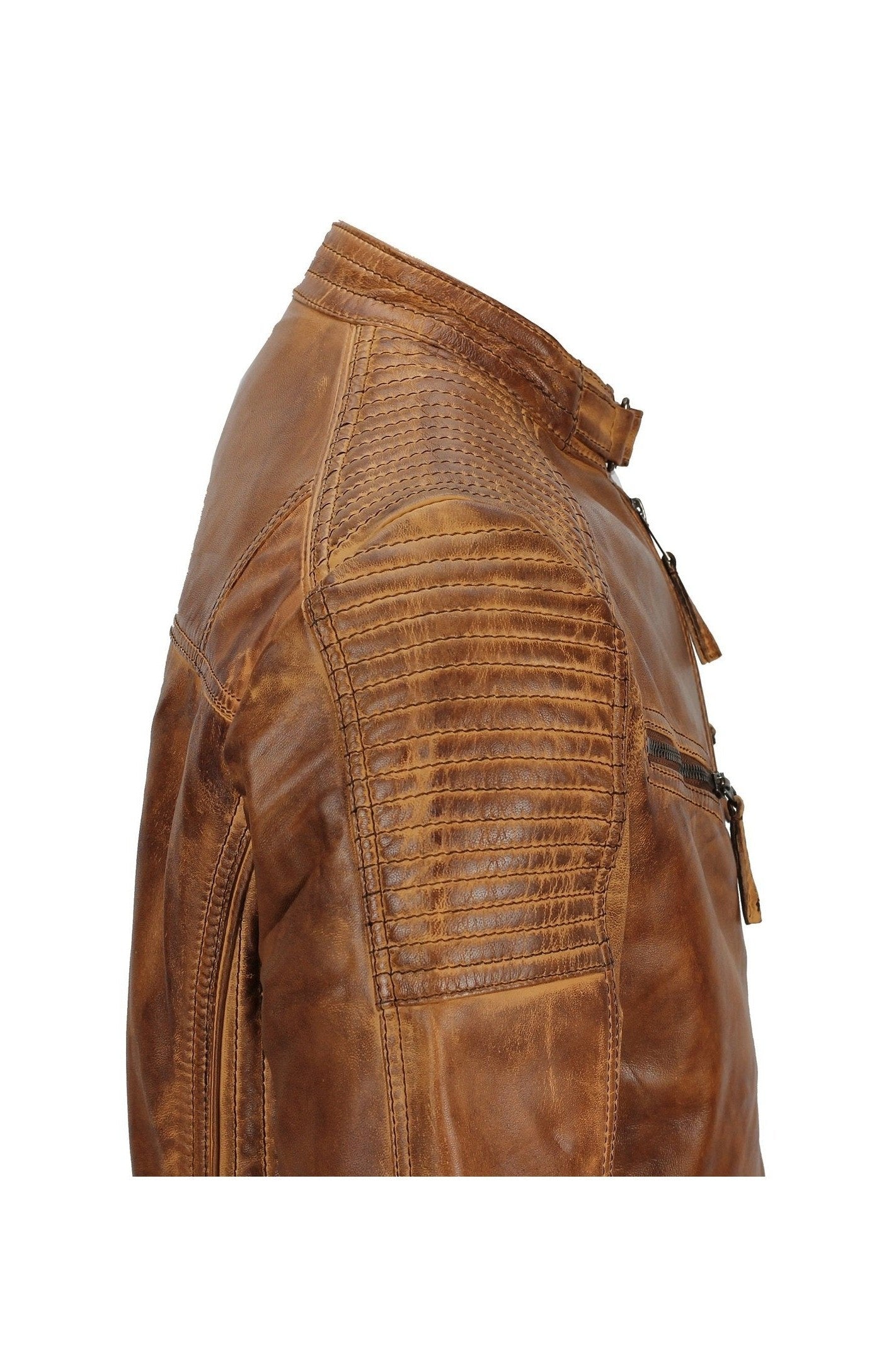 Mens Timber Tan Antique Washed Real Leather Vintage Biker Style Zipped Jacket