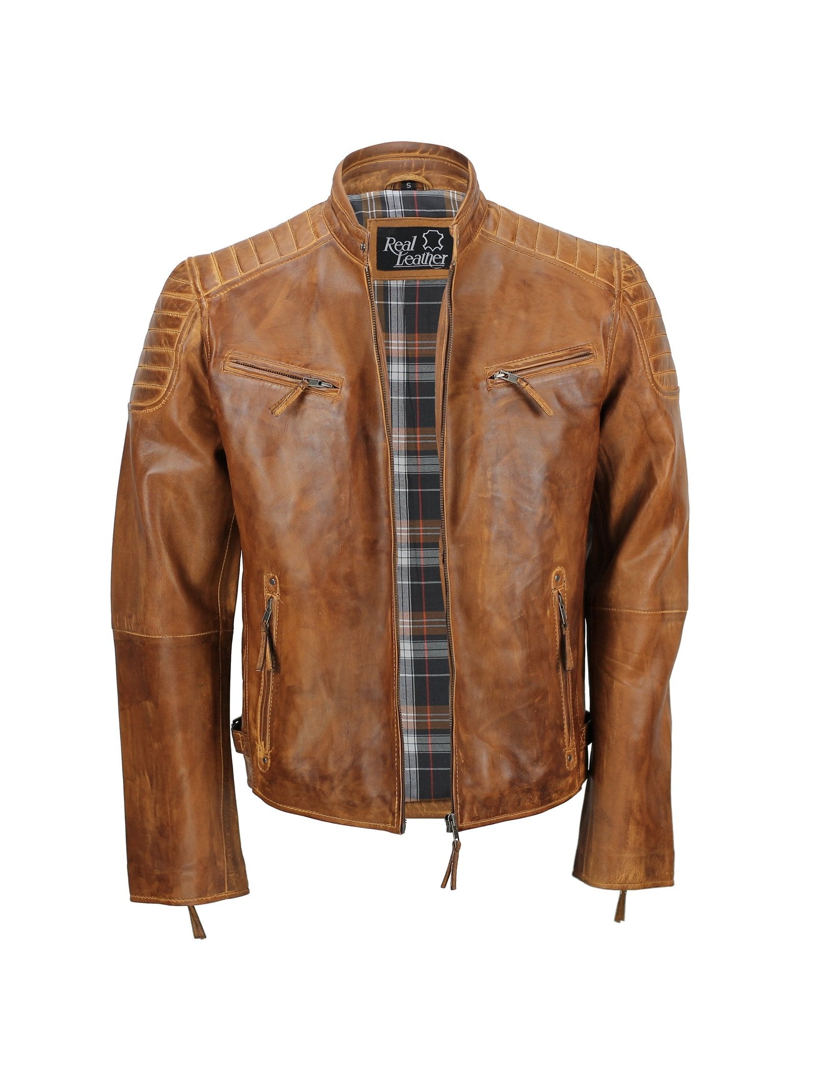Mens Real Leather Slim Fit Antique Washed Tan Brown Retro Zip Biker Jacket