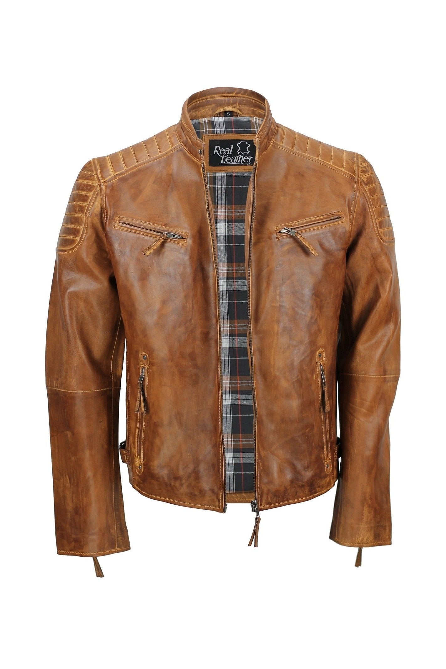 Mens Real Leather Slim Fit Antique Washed Tan Brown Retro Zip Biker Jacket