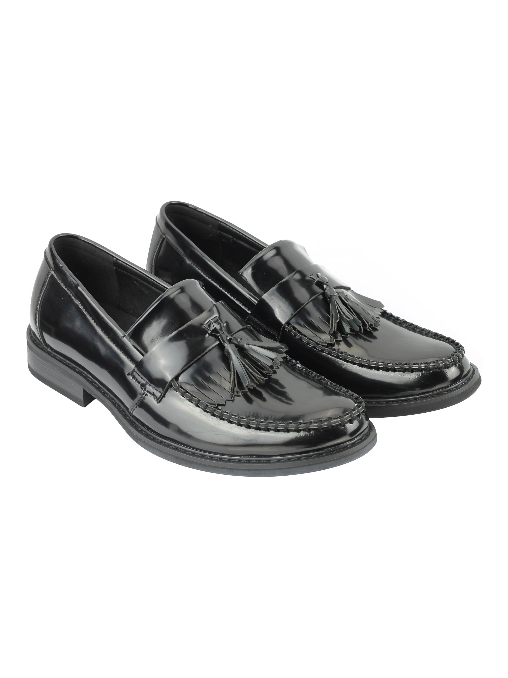 MENS VINTAGE POLISHED LEATHER TASSEL LOAFERS RETRO MOD SHOES IN OXBLOOD, BLACK