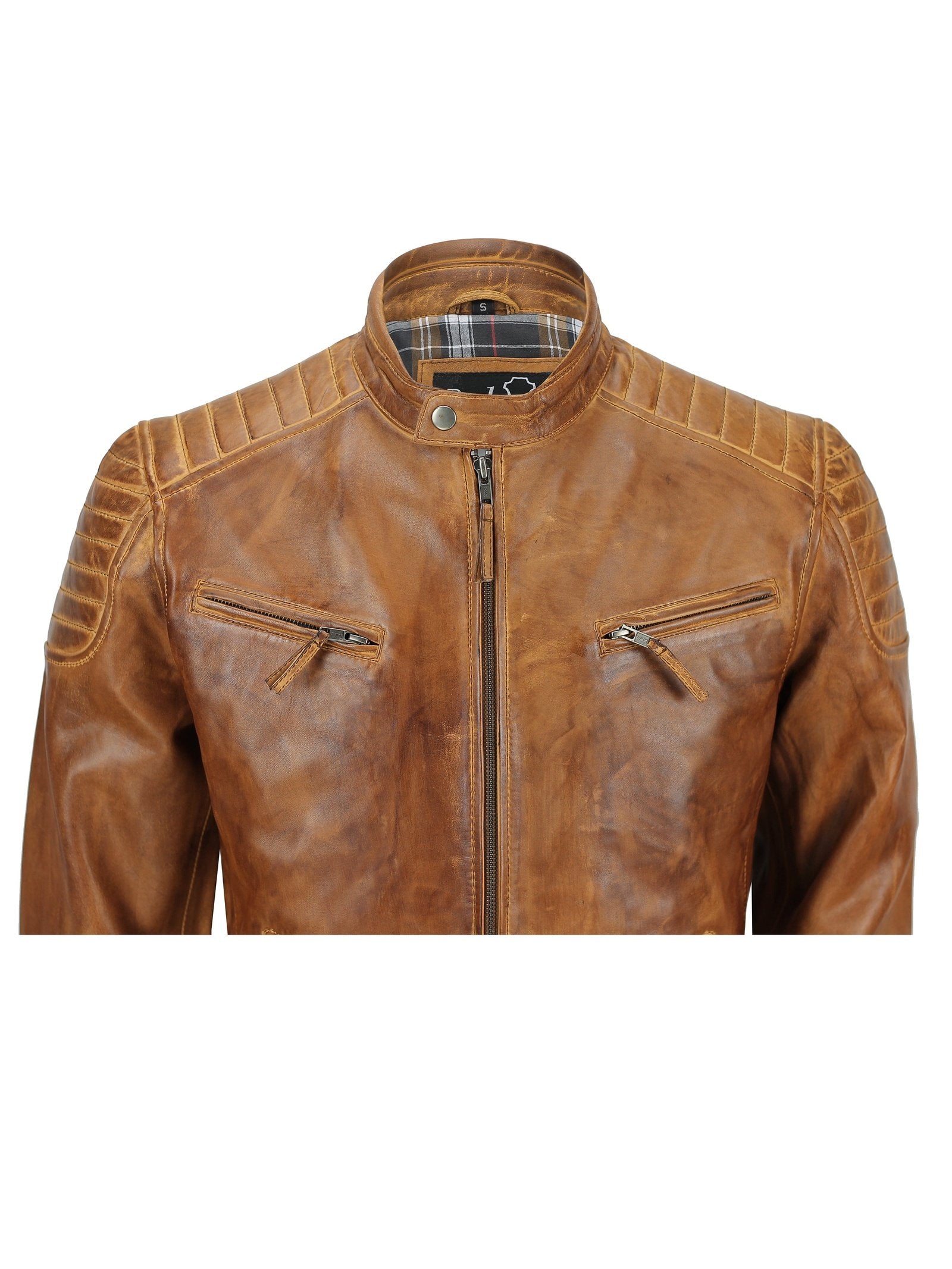 Mens Real Leather Slim Fit Antique Washed Tan Brown Retro Zip Biker Jacket