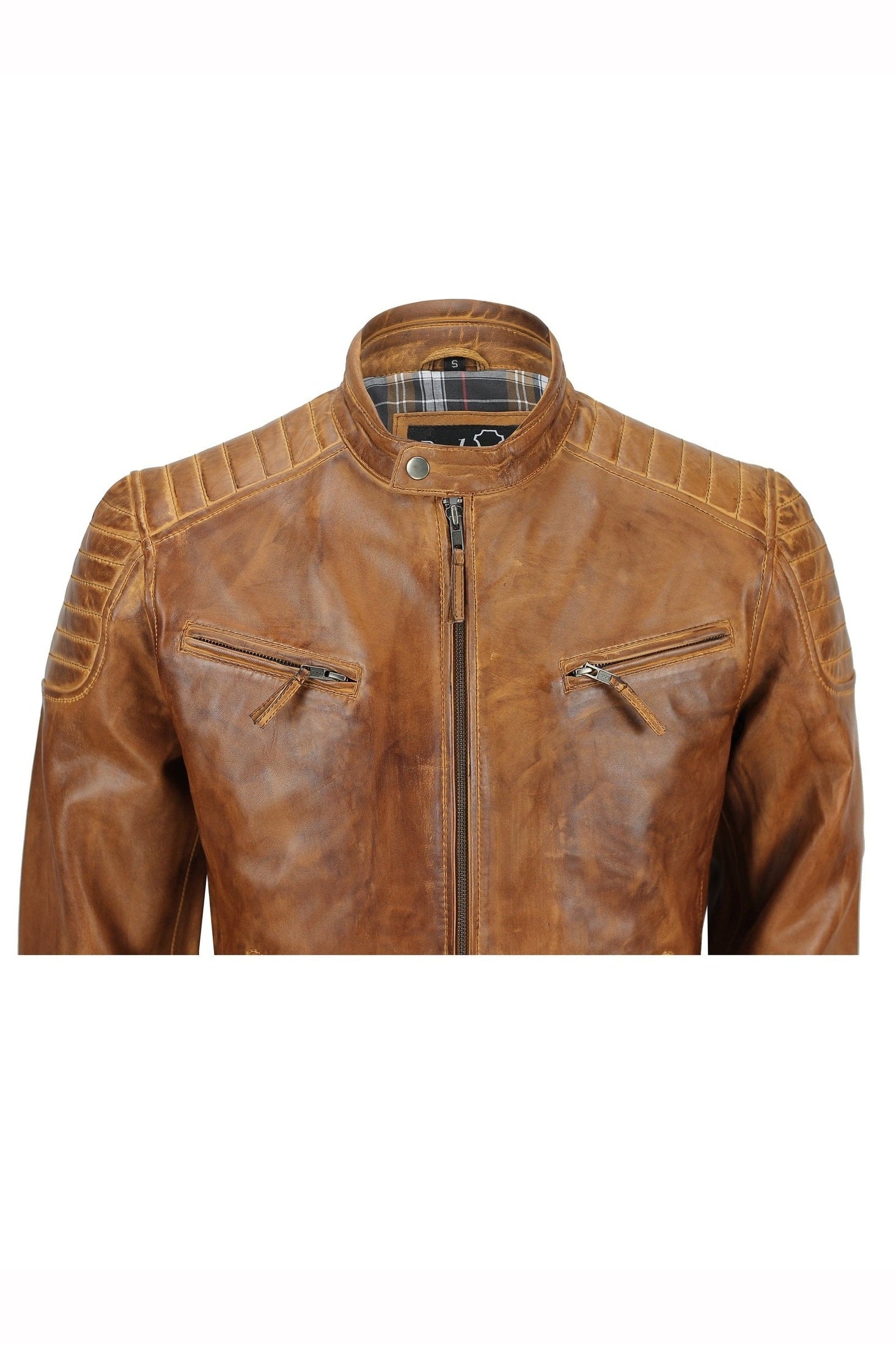 Mens Real Leather Slim Fit Antique Washed Tan Brown Retro Zip Biker Jacket