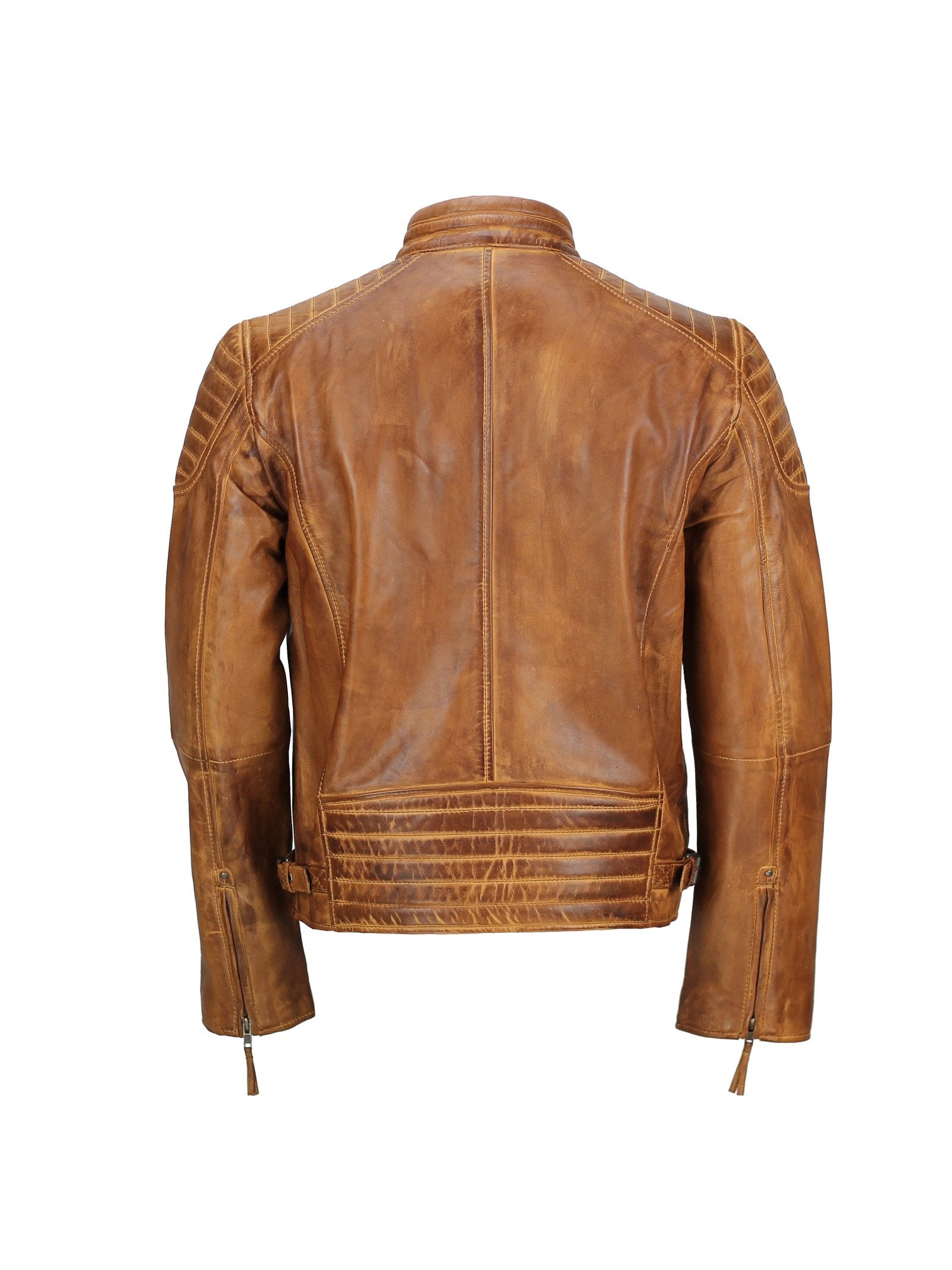 Mens Real Leather Slim Fit Antique Washed Tan Brown Retro Zip Biker Jacket