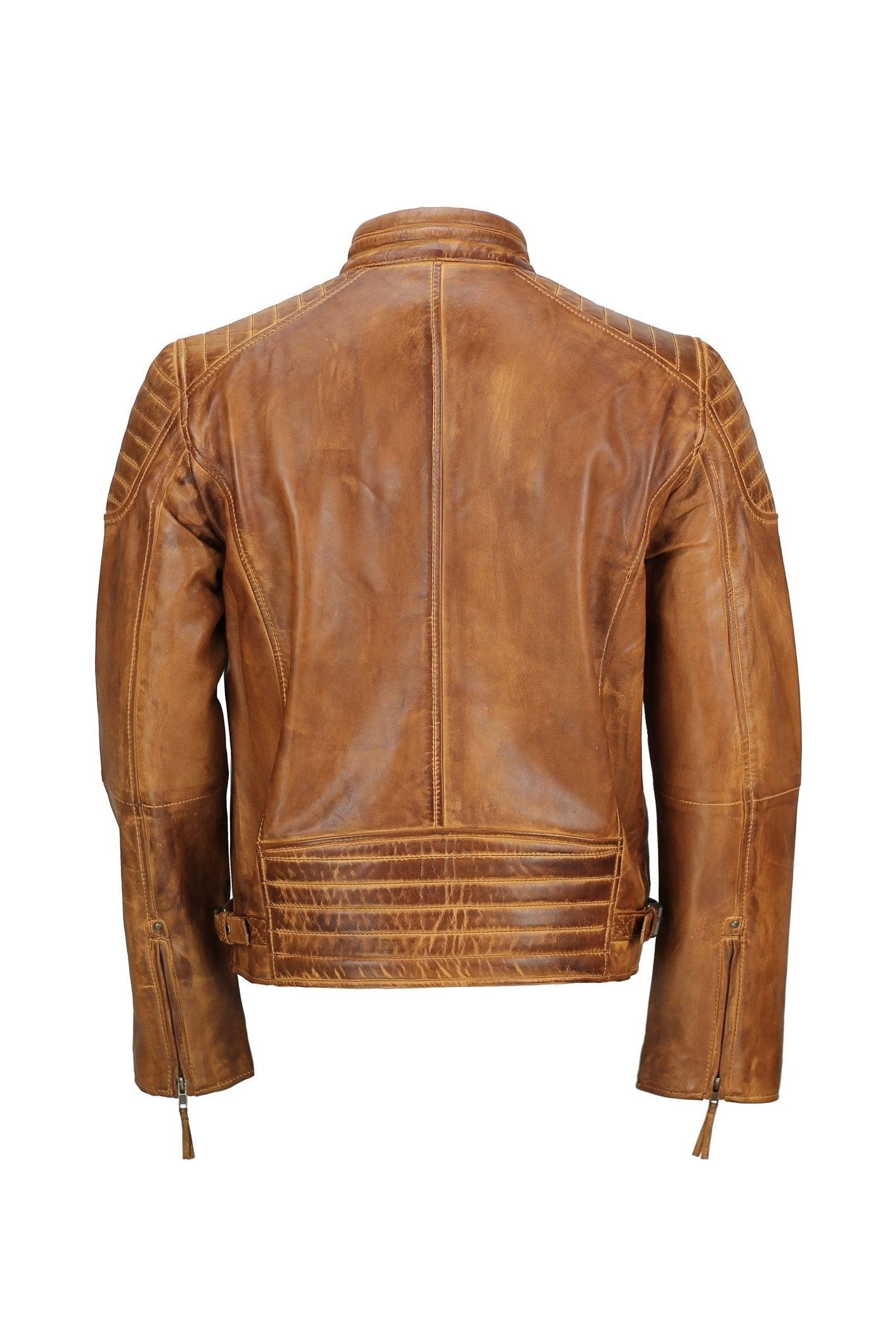 Mens Real Leather Slim Fit Antique Washed Tan Brown Retro Zip Biker Jacket