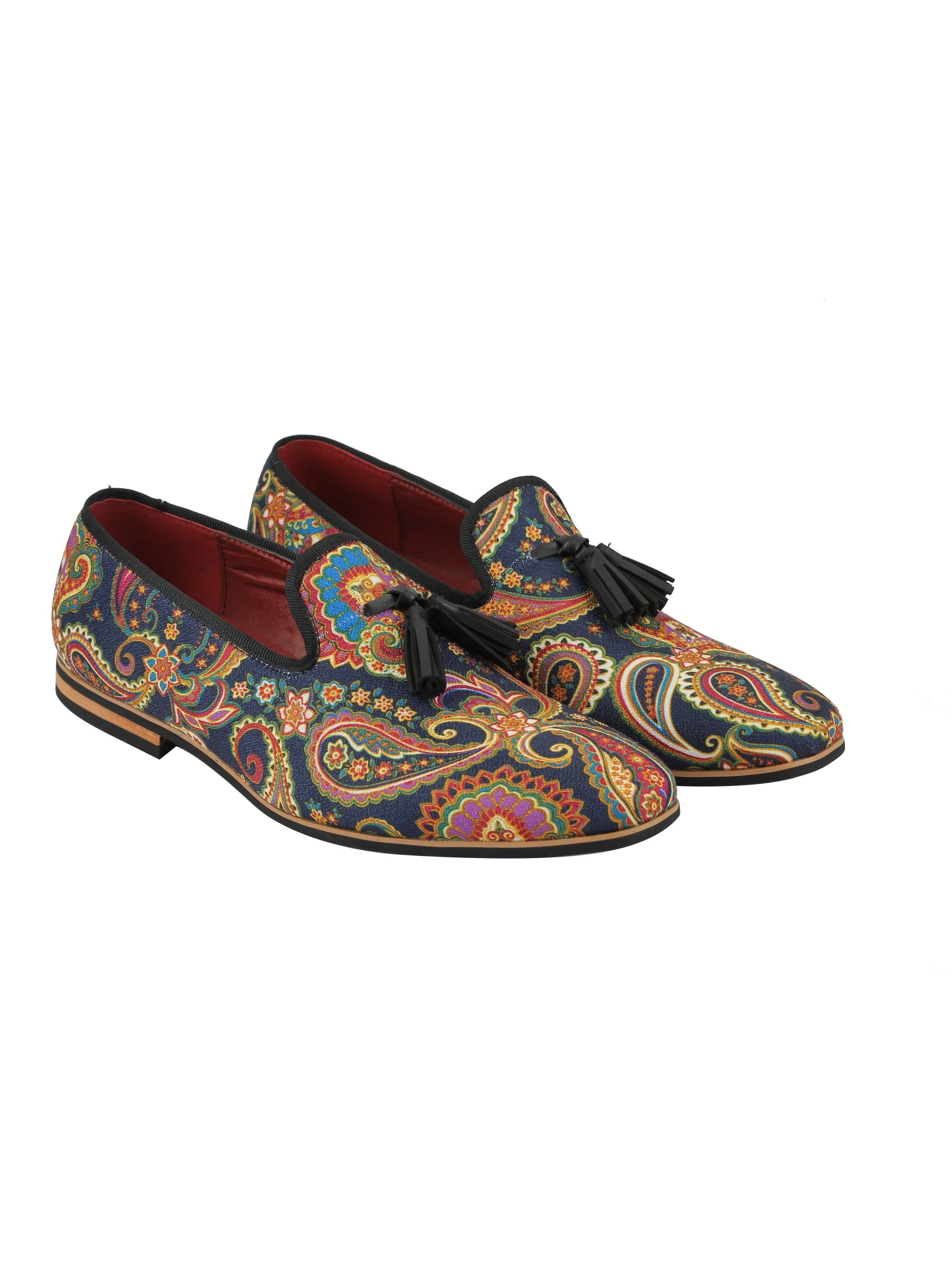MENS LEATHER TASSEL LOAFER VINTAGE DESIGNER STYLE PAISLEY PRINT SHOES BLACK BLUE