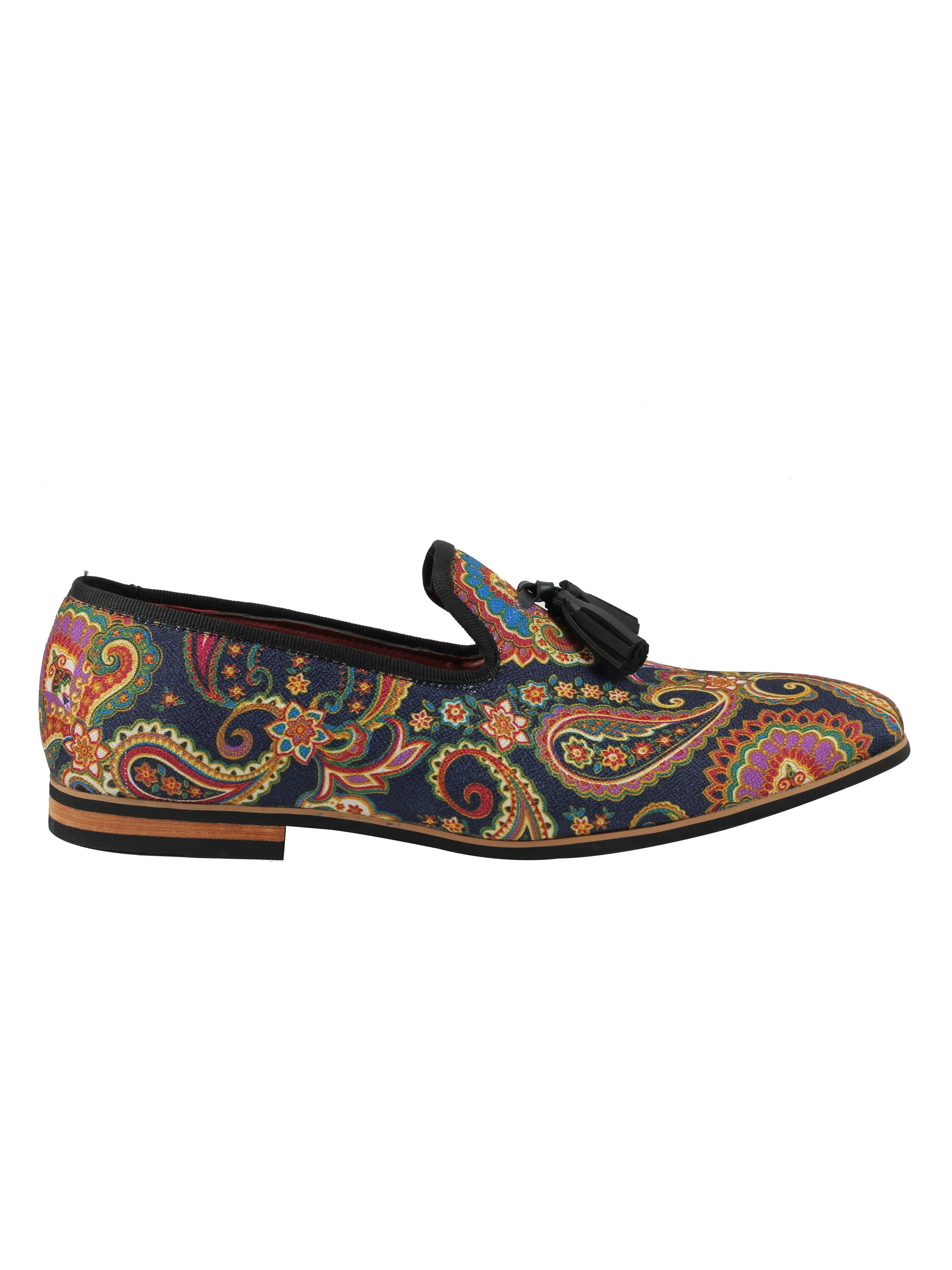 MENS LEATHER TASSEL LOAFER VINTAGE DESIGNER STYLE PAISLEY PRINT SHOES BLACK BLUE