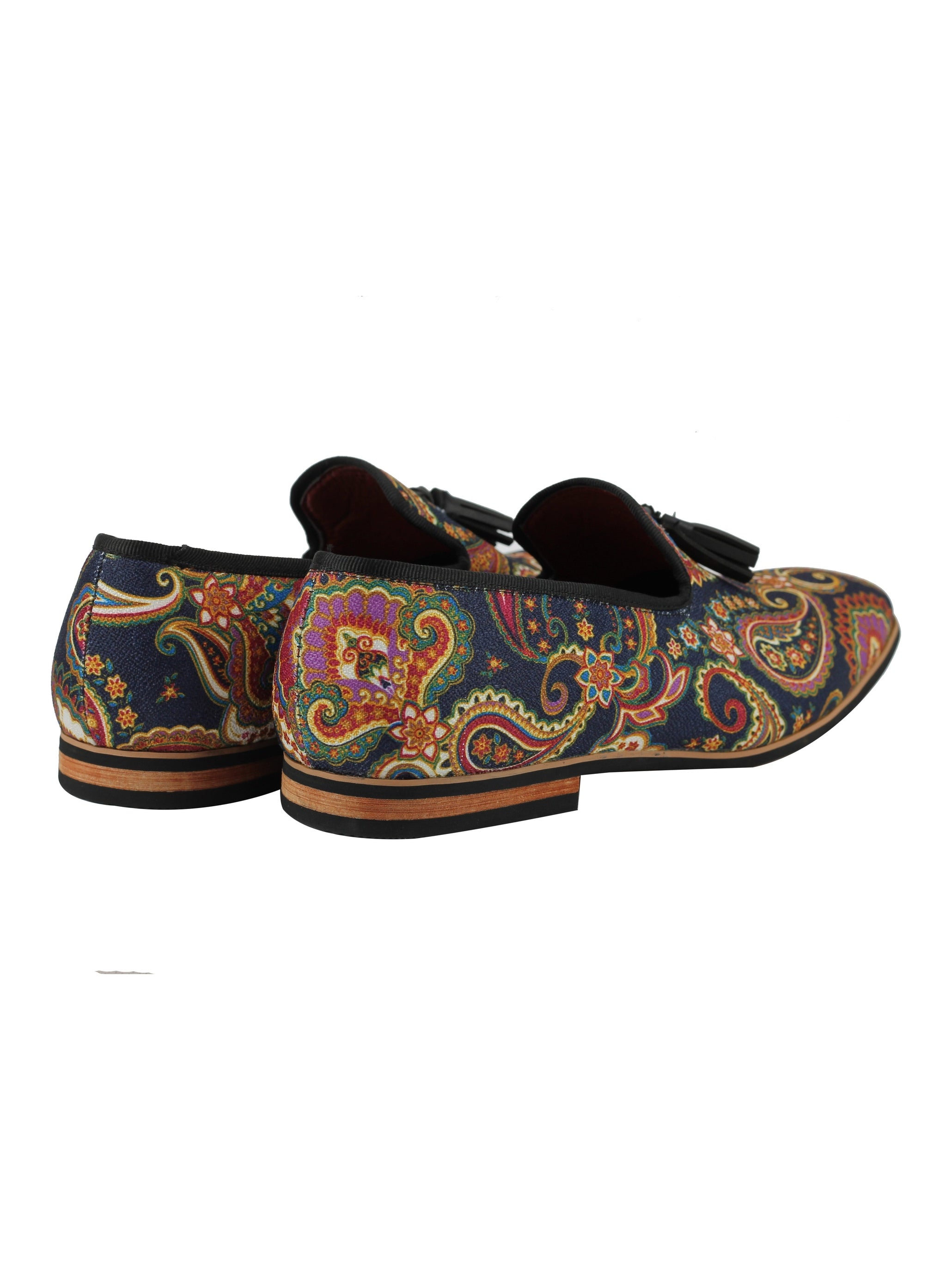 MENS LEATHER TASSEL LOAFER VINTAGE DESIGNER STYLE PAISLEY PRINT SHOES BLACK BLUE