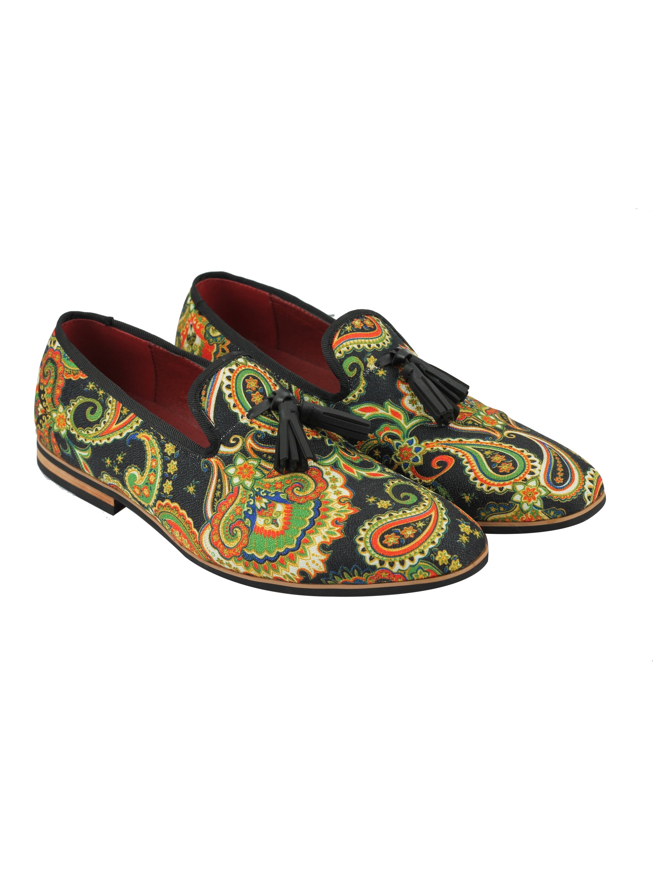 MENS LEATHER TASSEL LOAFER VINTAGE DESIGNER STYLE PAISLEY PRINT SHOES BLACK BLUE