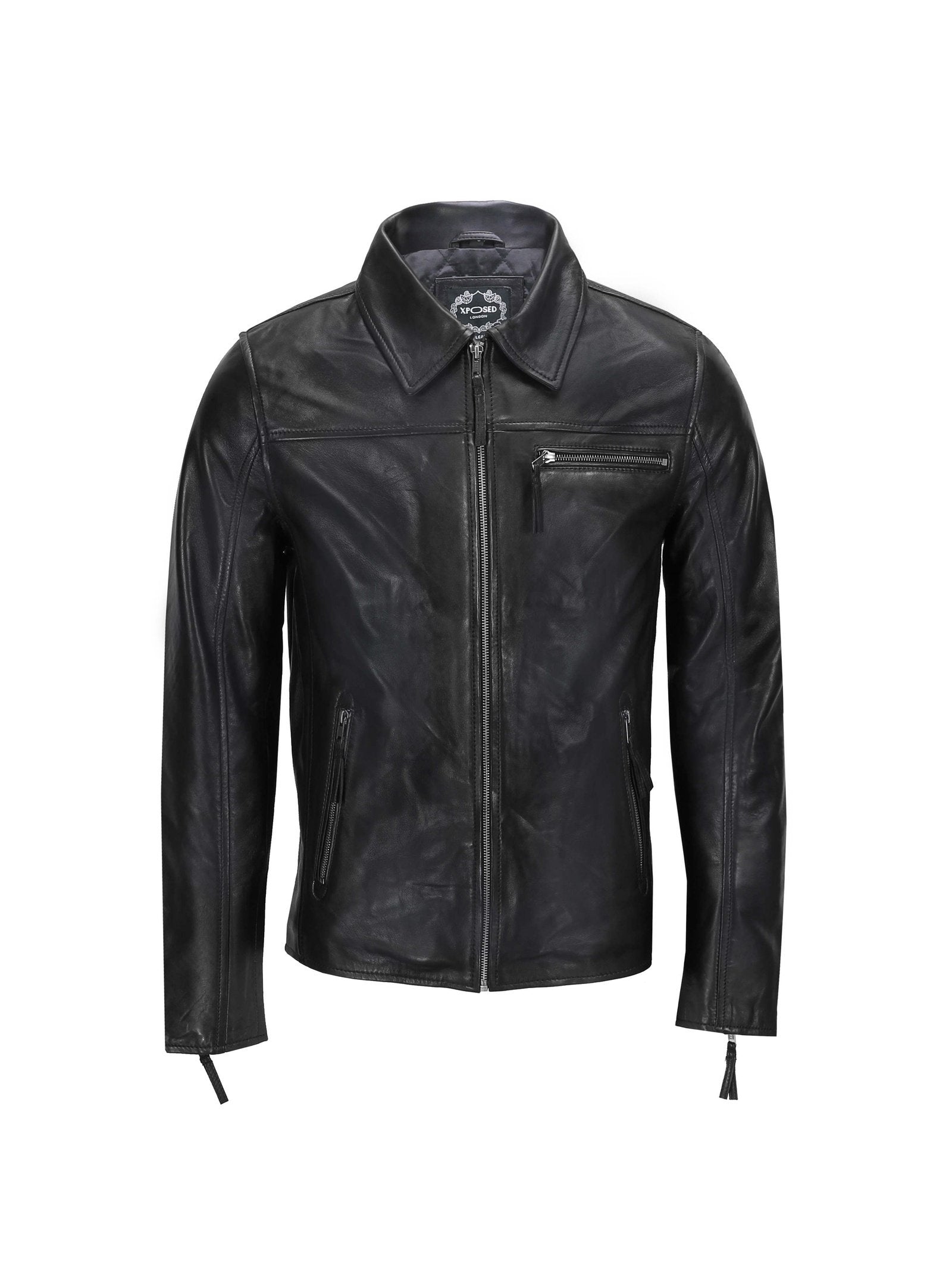 MEN'S COLLAR BIKER LEATHER JACKET IN BLACK