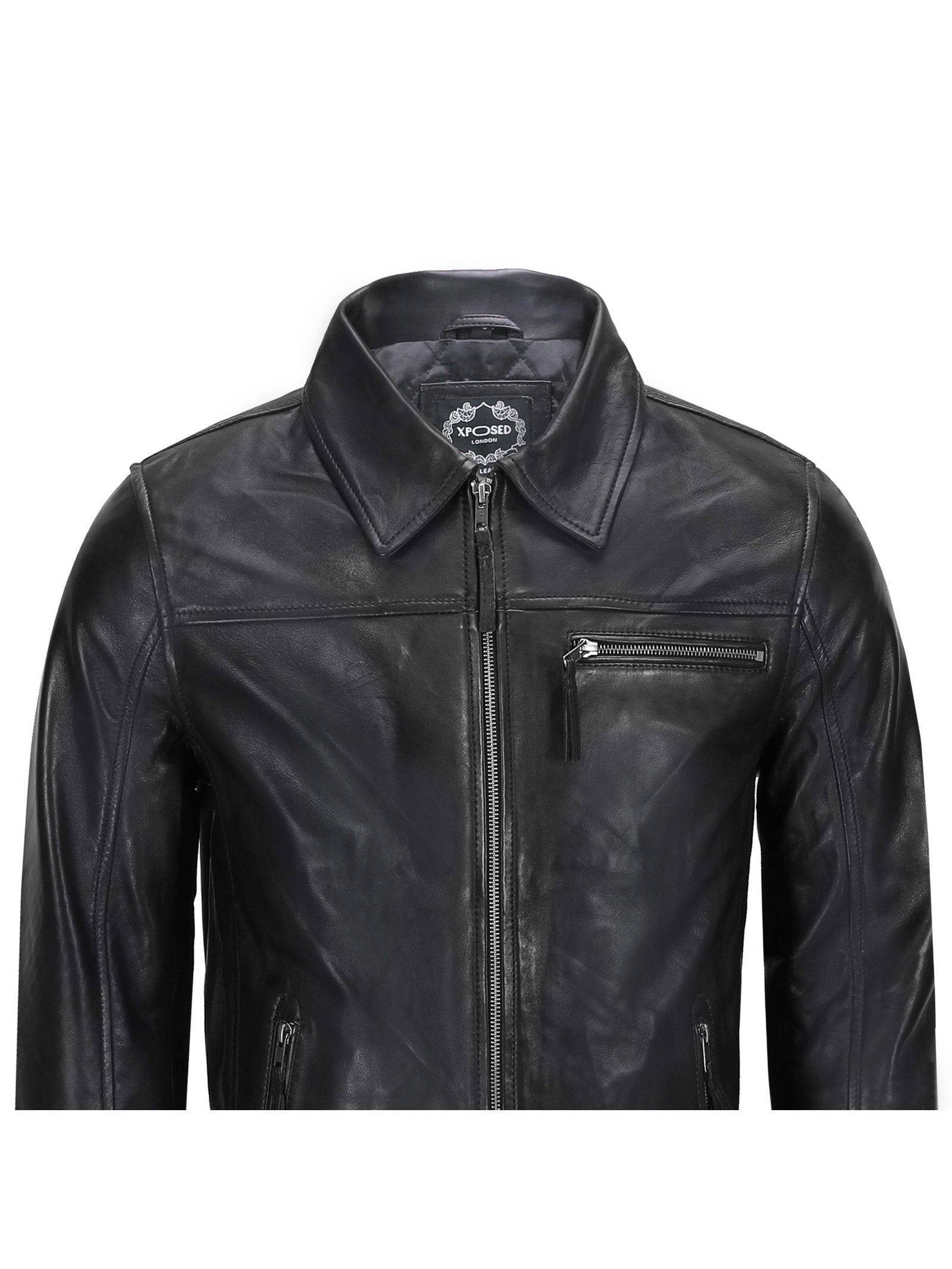MEN'S COLLAR BIKER LEATHER JACKET IN BLACK