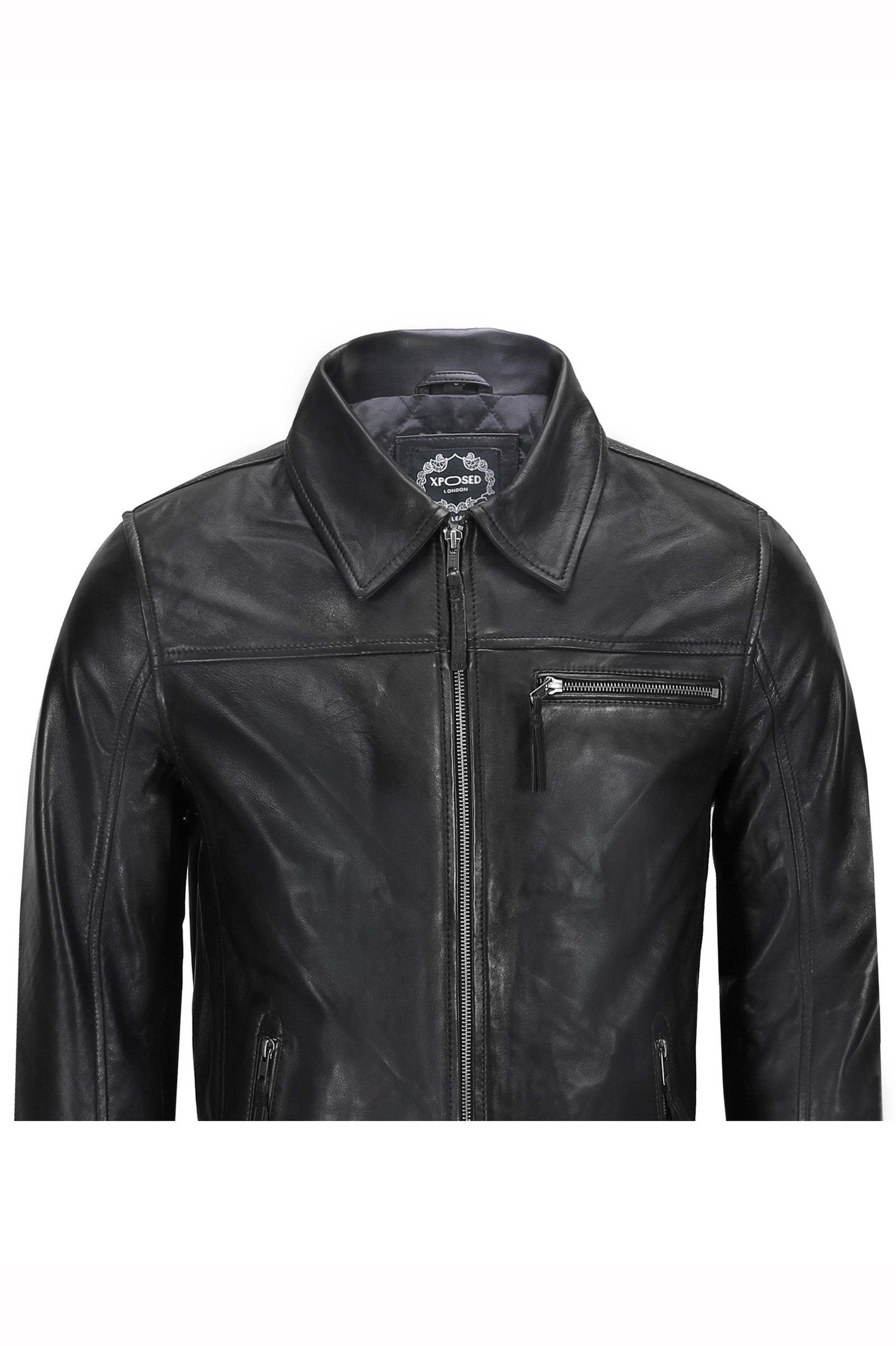 MEN'S COLLAR BIKER LEATHER JACKET IN BLACK