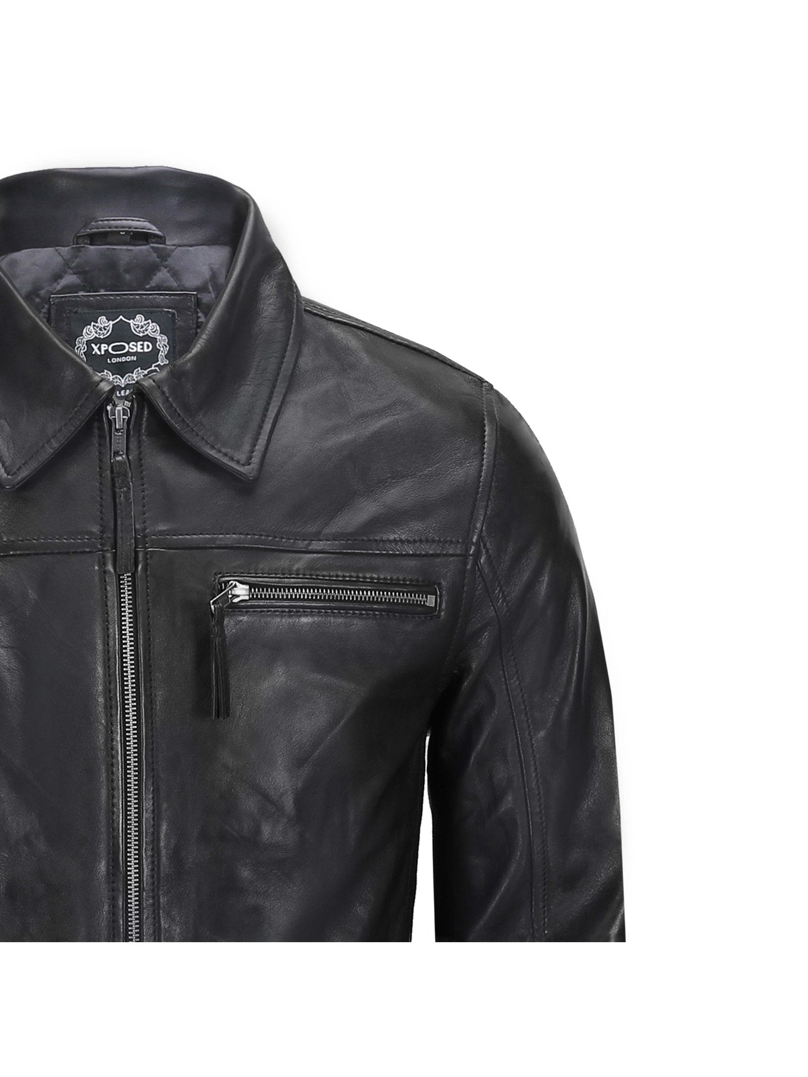 MEN'S COLLAR BIKER LEATHER JACKET IN BLACK