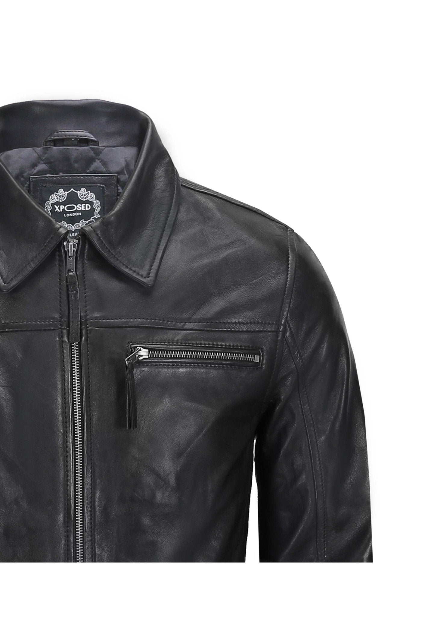 MEN'S COLLAR BIKER LEATHER JACKET IN BLACK