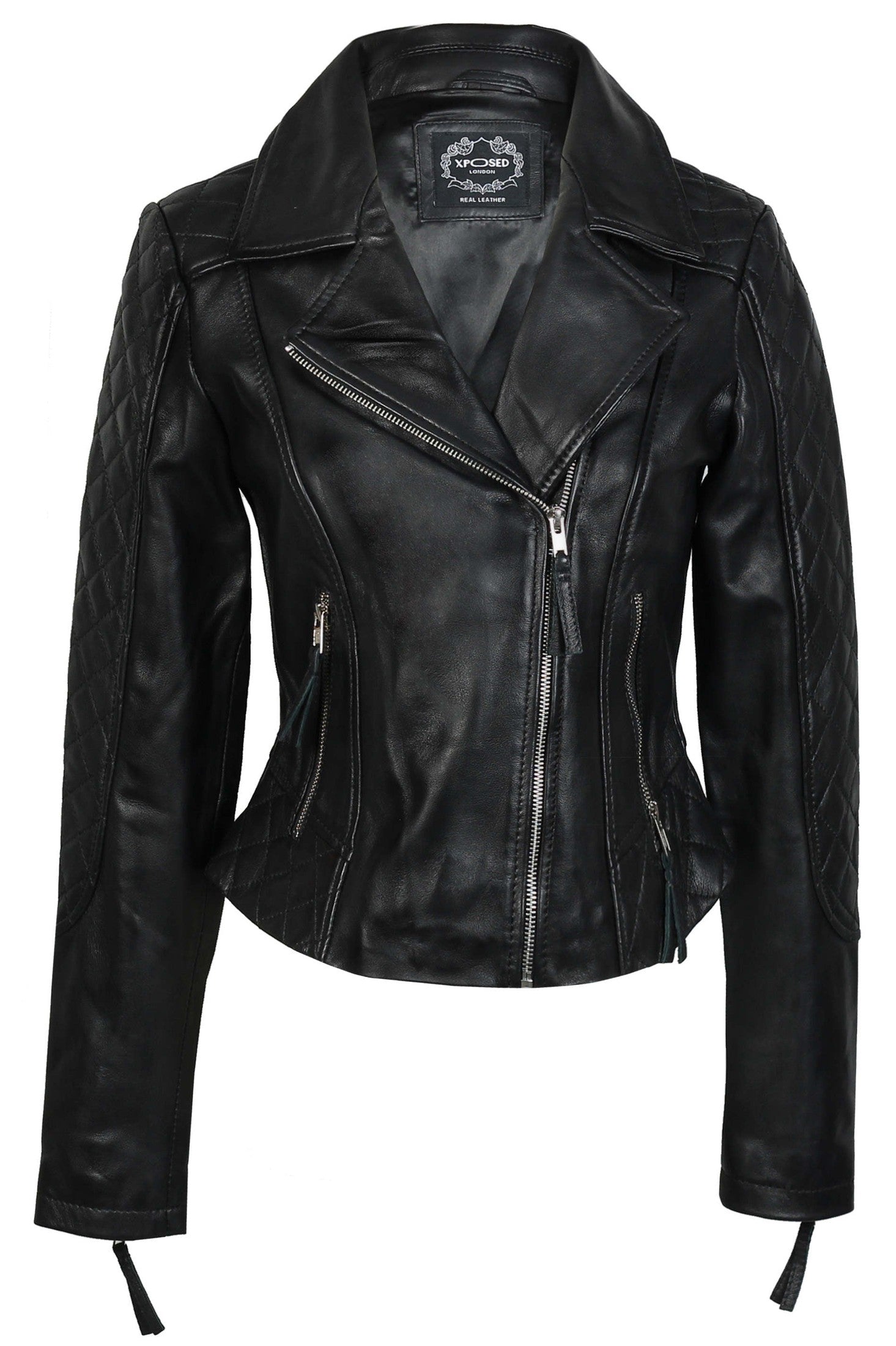 WOMEN'S RETRO REAL LEATHER BIKER JACKET IN BLACK