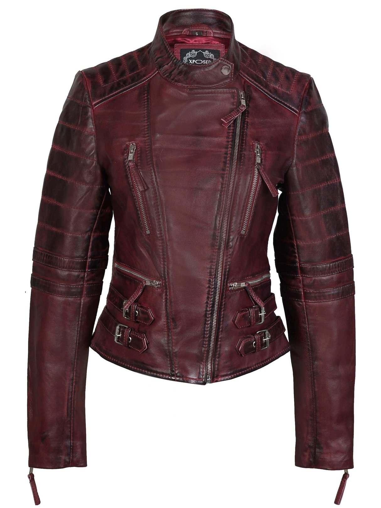 Ladies Real Leather Biker Jacket Slim Fit in Wine