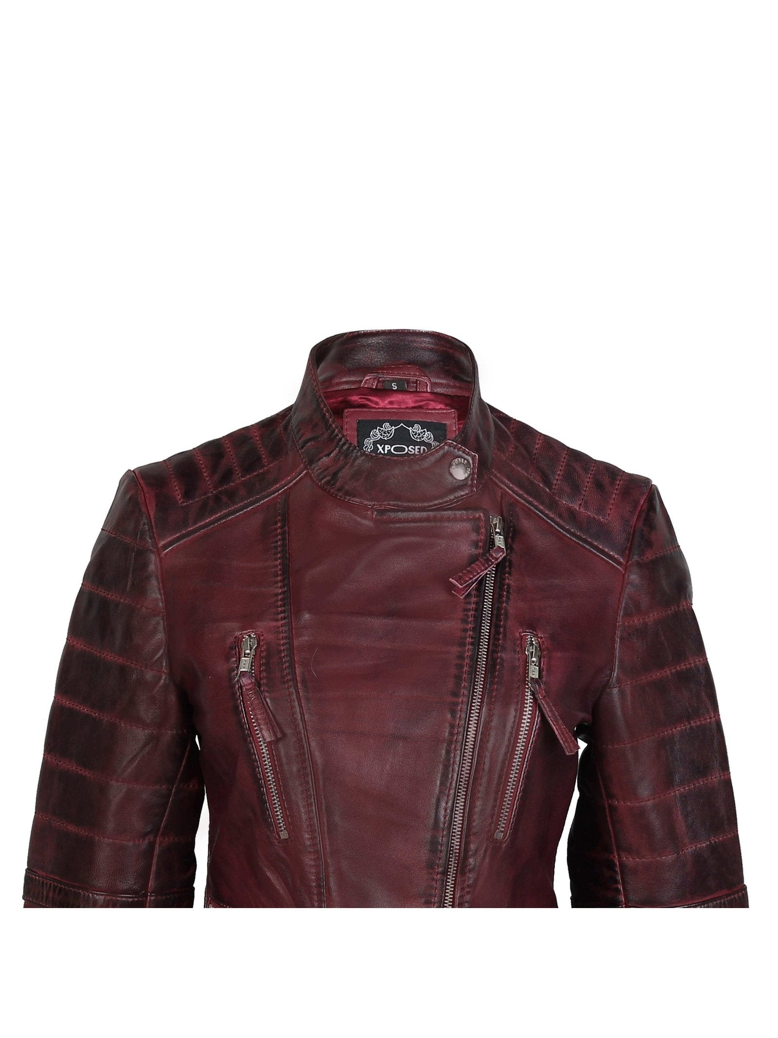 Ladies Real Leather Biker Jacket Slim Fit in Wine