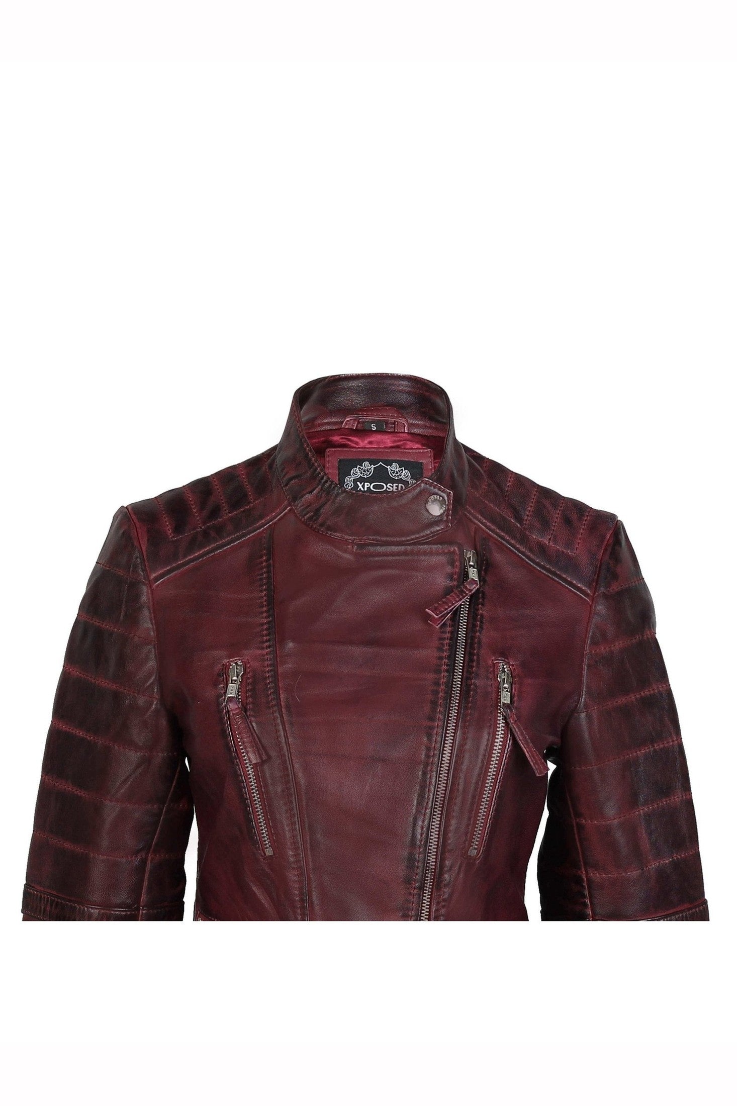 Ladies Real Leather Biker Jacket Slim Fit in Wine