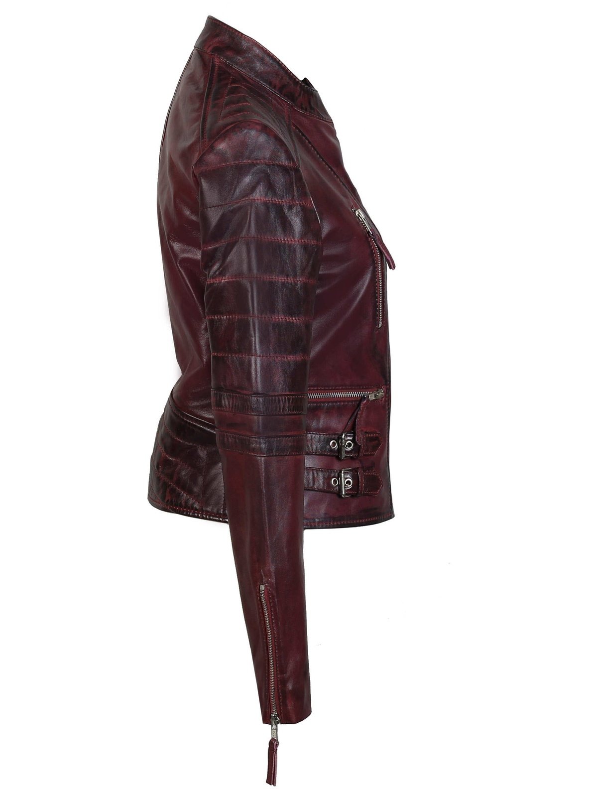 Ladies Real Leather Biker Jacket Slim Fit in Wine