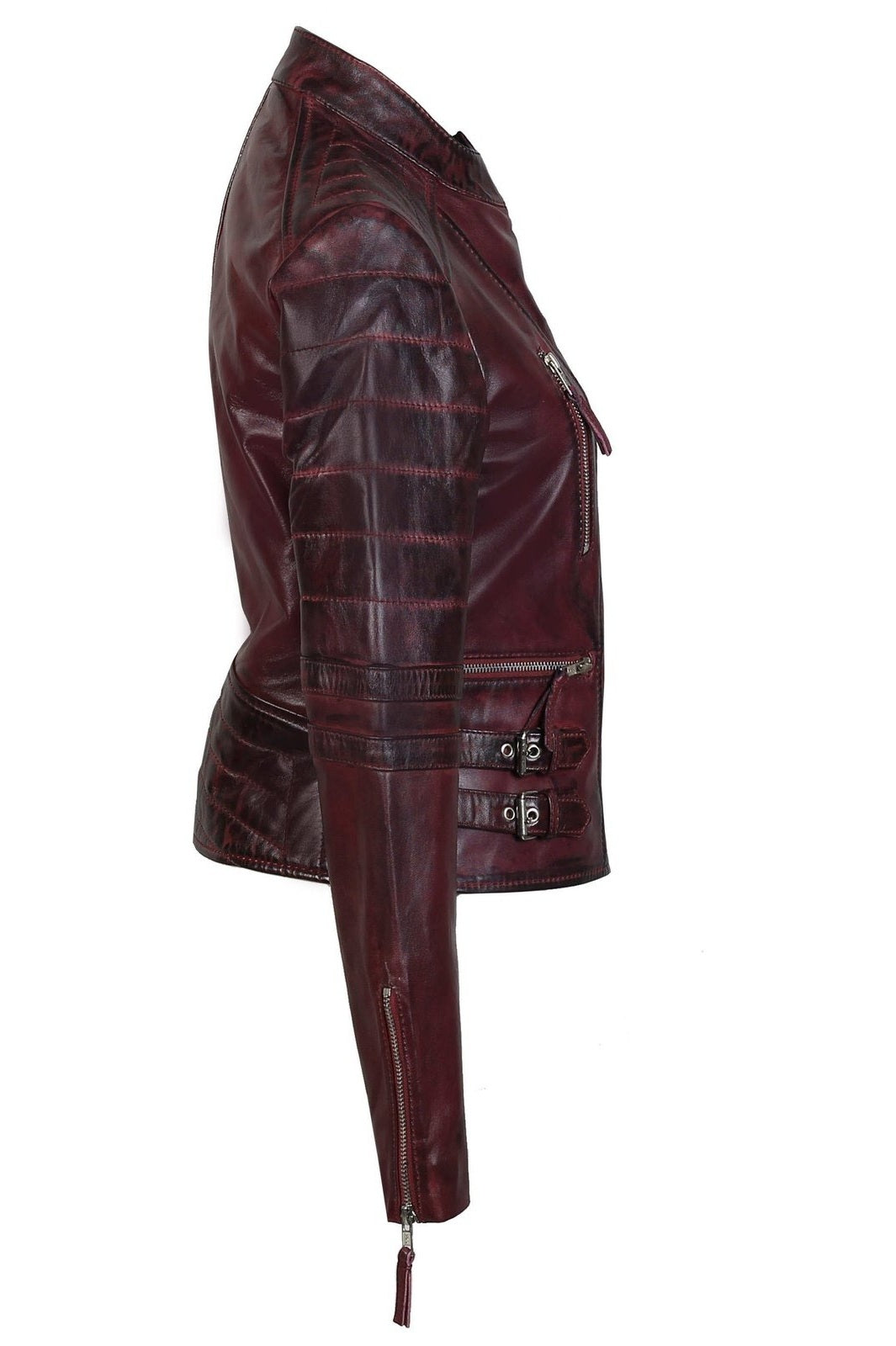 Ladies Real Leather Biker Jacket Slim Fit in Wine