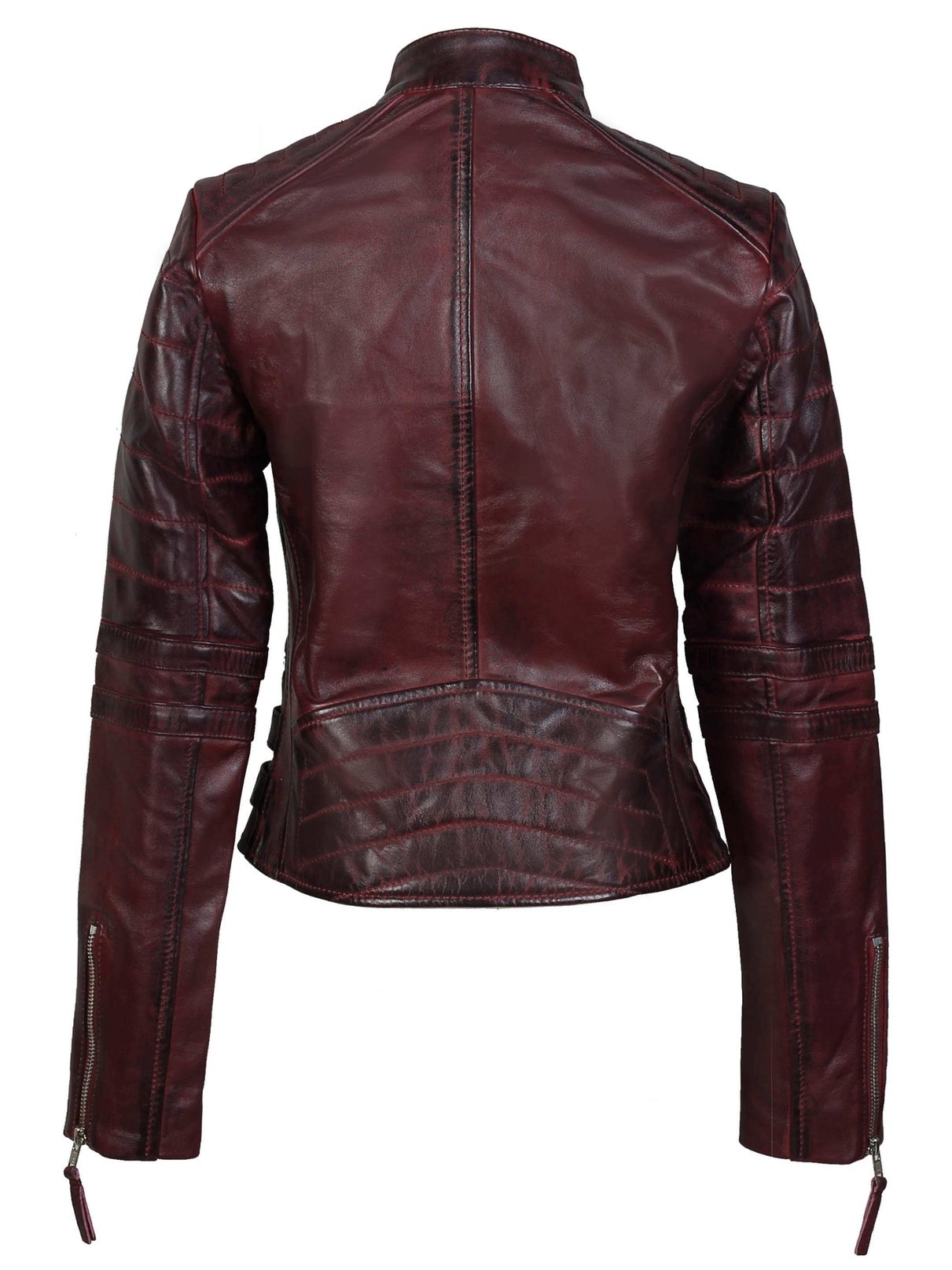Ladies Real Leather Biker Jacket Slim Fit in Wine