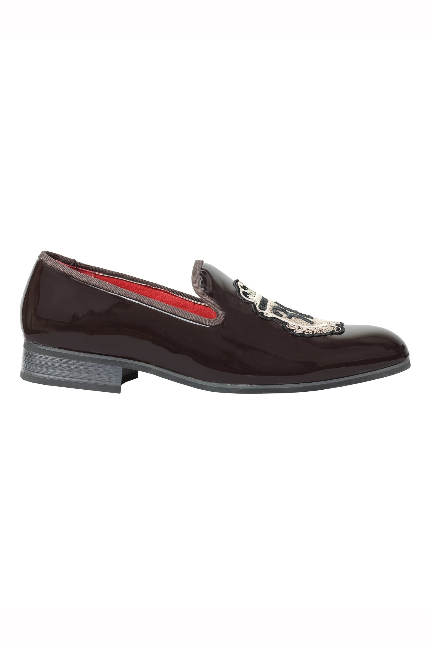 MENS LOAFERS PATENT SHINY FAUX LEATHER RETRO GOLD CREST SLIP ON WEDDING SHOES