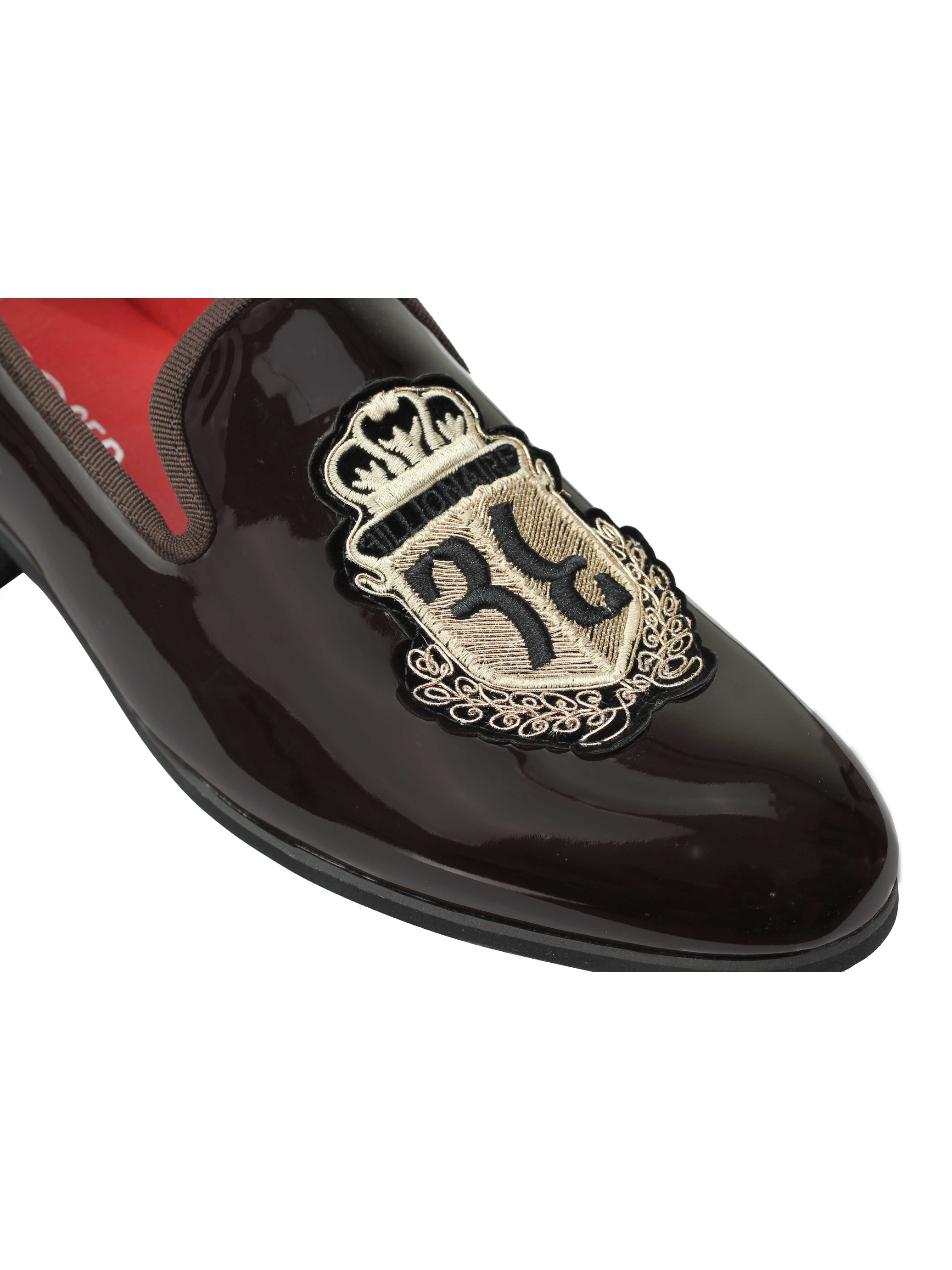 MENS LOAFERS PATENT SHINY FAUX LEATHER RETRO GOLD CREST SLIP ON WEDDING SHOES