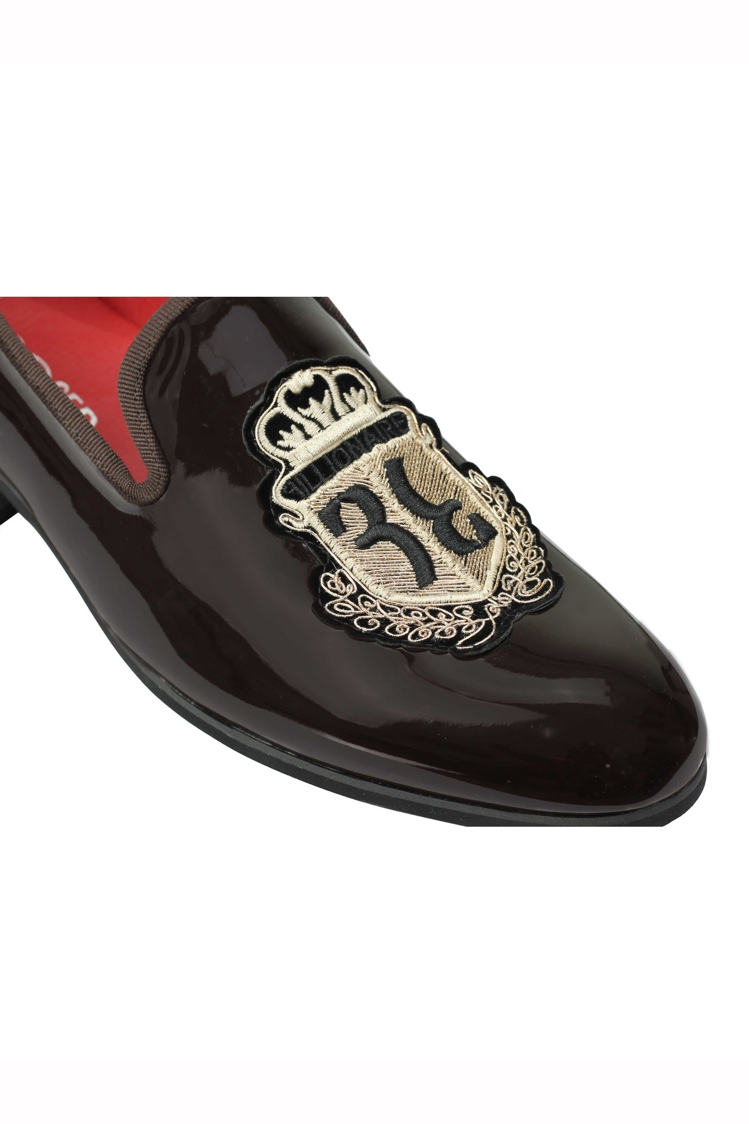 MENS LOAFERS PATENT SHINY FAUX LEATHER RETRO GOLD CREST SLIP ON WEDDING SHOES