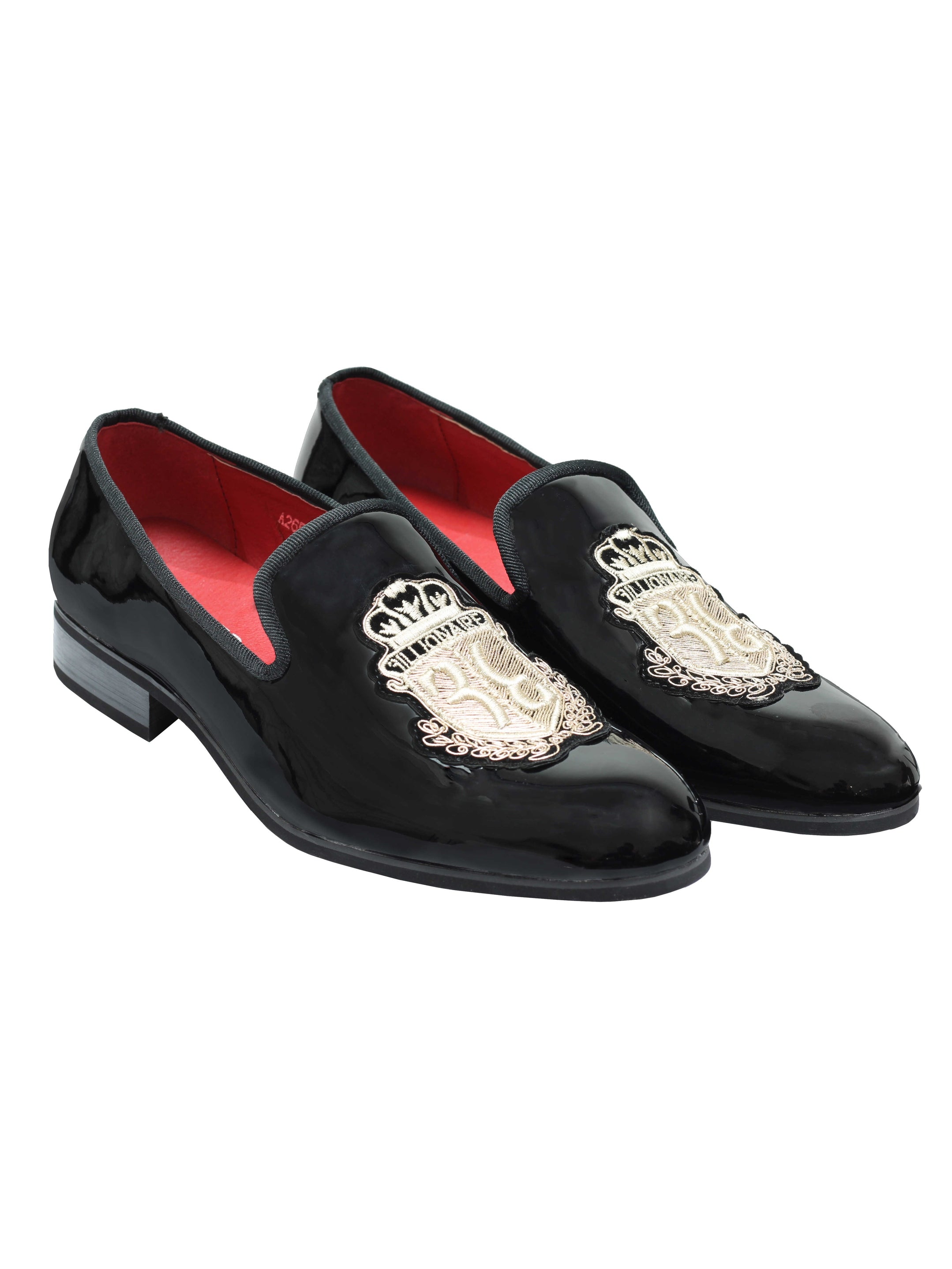 MENS LOAFERS PATENT SHINY FAUX LEATHER RETRO GOLD CREST SLIP ON WEDDING SHOES