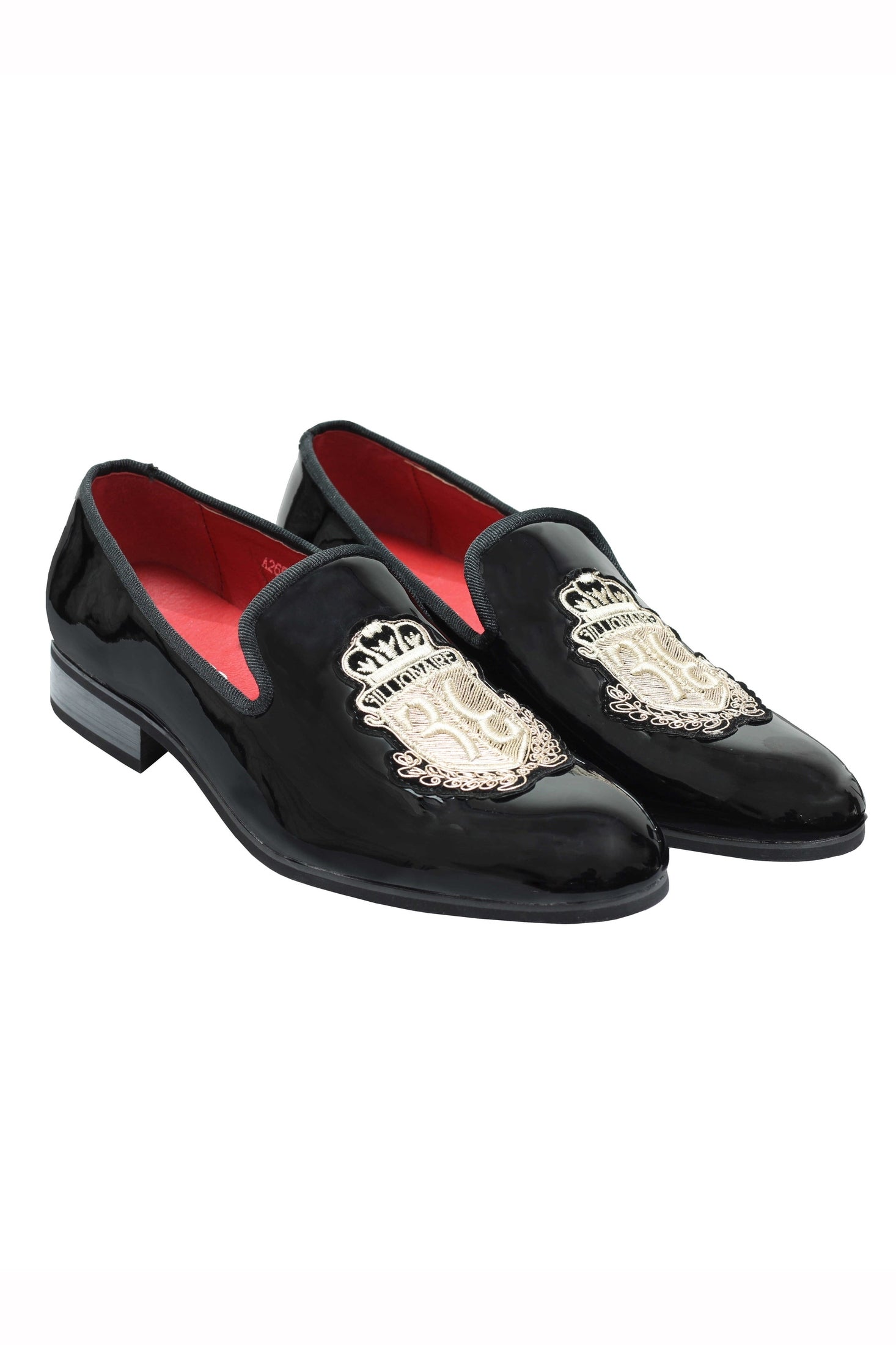 MENS LOAFERS PATENT SHINY FAUX LEATHER RETRO GOLD CREST SLIP ON WEDDING SHOES