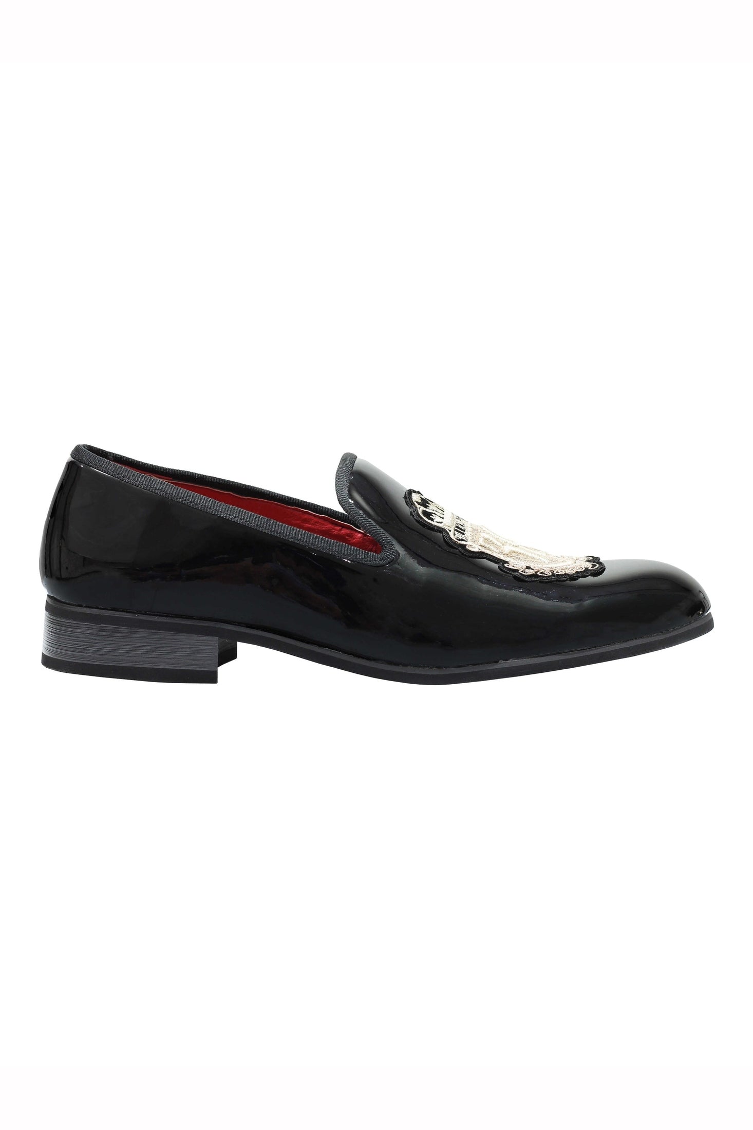MENS LOAFERS PATENT SHINY FAUX LEATHER RETRO GOLD CREST SLIP ON WEDDING SHOES