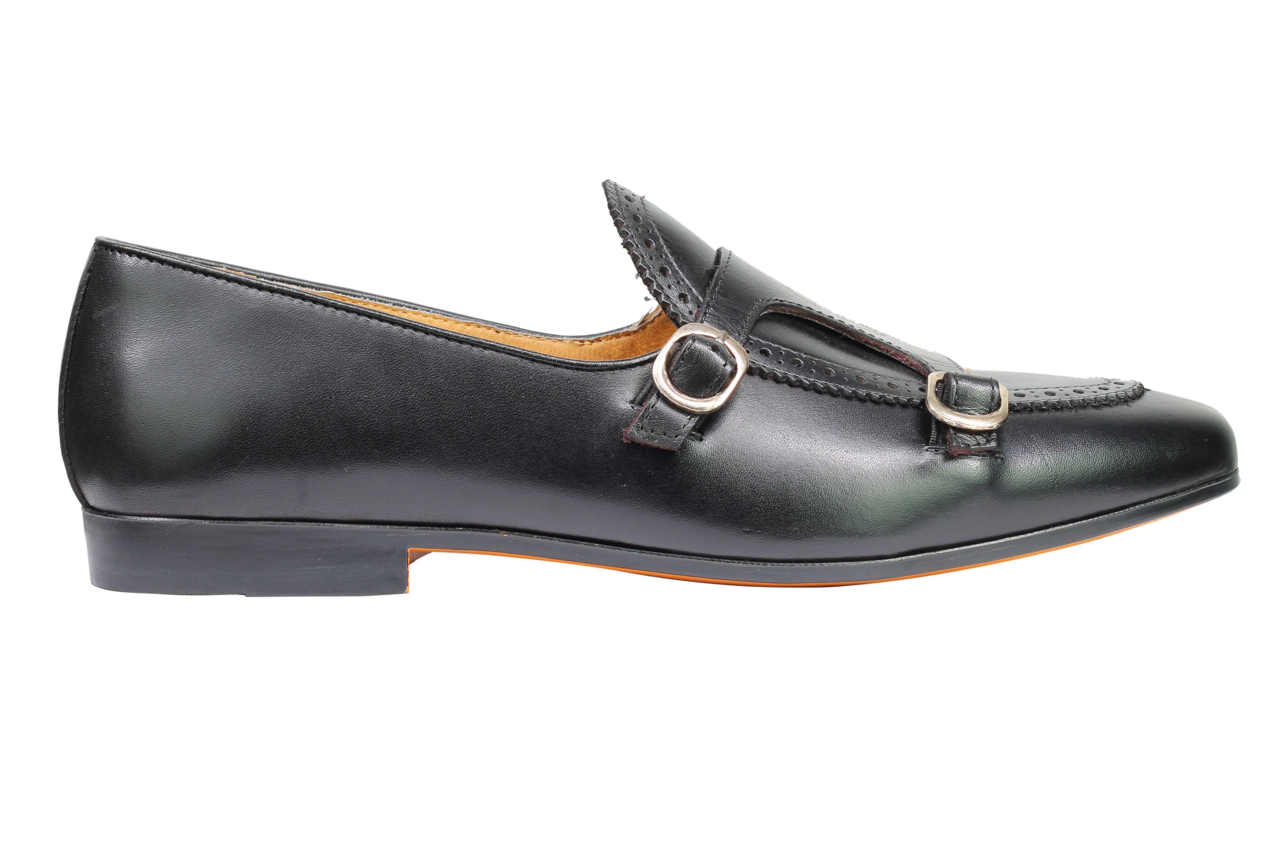 Real Leather Double Monk Shoes Black