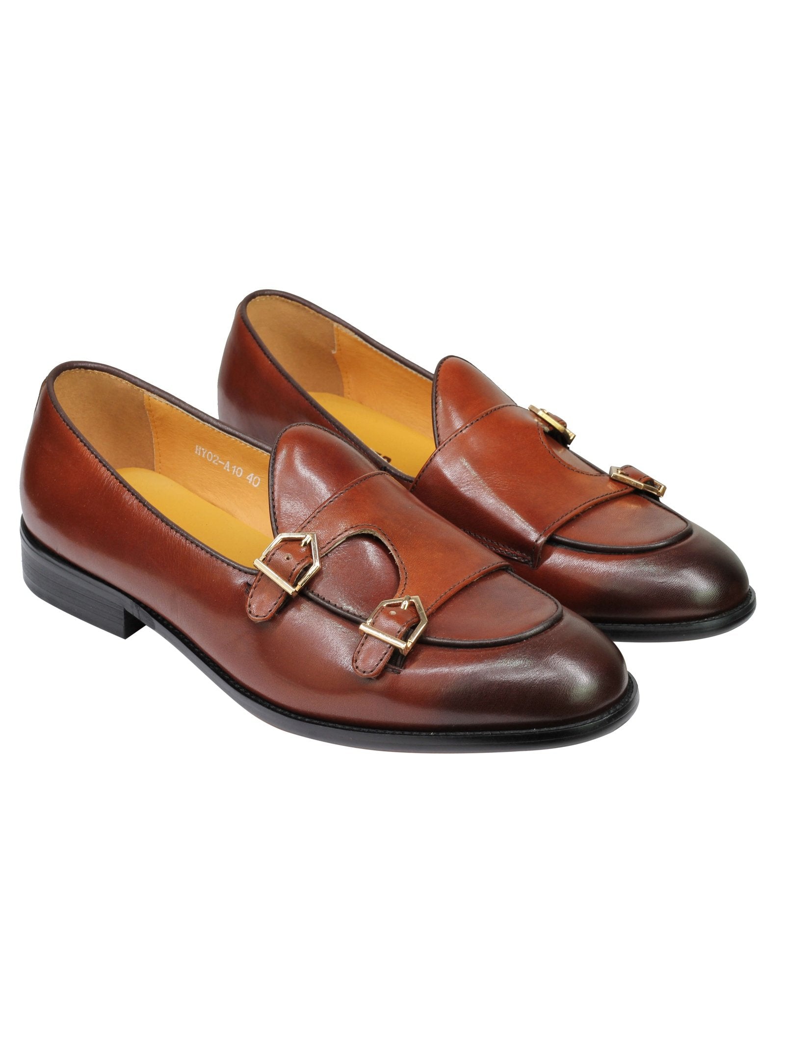 Real Leather Double Monk Retro Loafers Brown